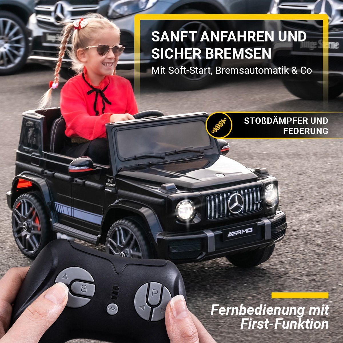 Actionbikes Motors Elektro-Kinderauto Mercedes Benz AMG G63 - Kinder Elektro Auto à partir de 3 ans, poids lourd 35 kg, (2 pièces), démarrage progressif - Stodmpfer