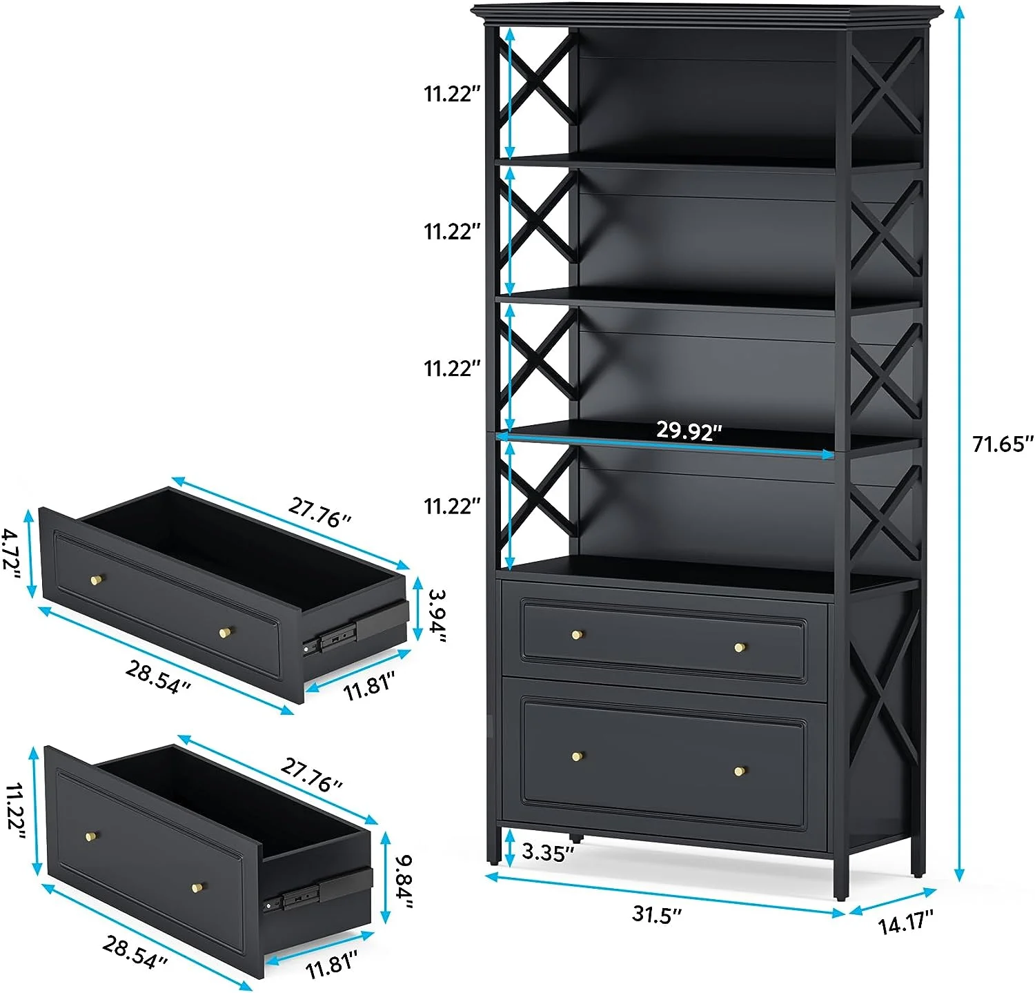 5-Tier Bookcase, 31.50 x 14.17 x 71.65 in(Black) - Image 4