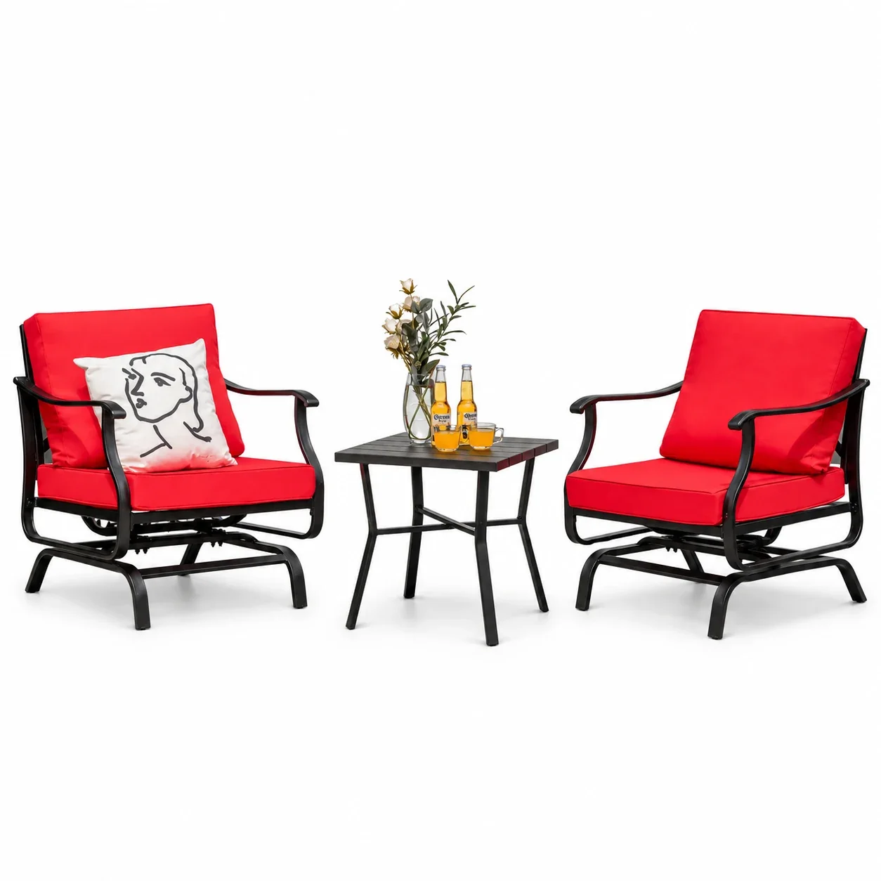 Gymax 3PCS Outdoor Rocking Chair Set Patio Conversation Bistro Set w/ Red Cushions