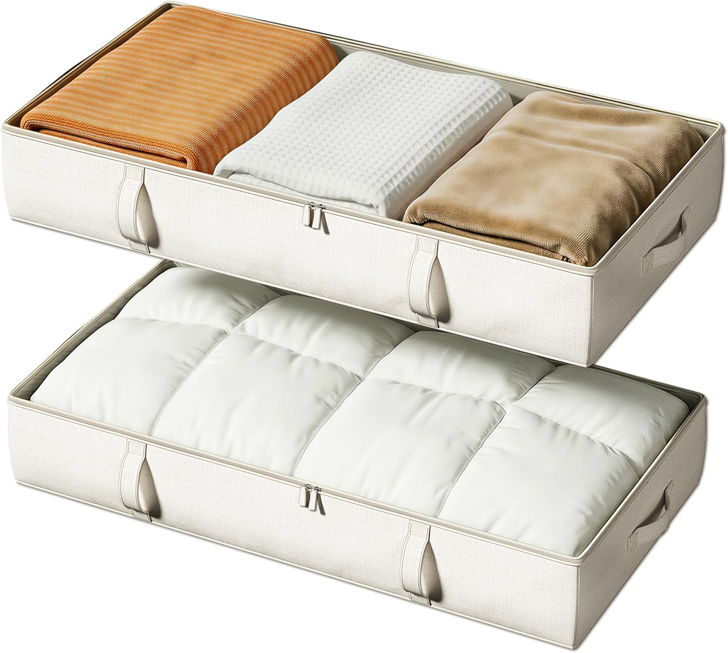 Vailando Side-Supported Under Bed Storage Containers, 6 Inches Tall 60L Underbed Storage Bins with Sturdy Handles and Side Walls, Closet Organizer for Clothes, Blankets, Seasonal Items, Beige, 2-Pack