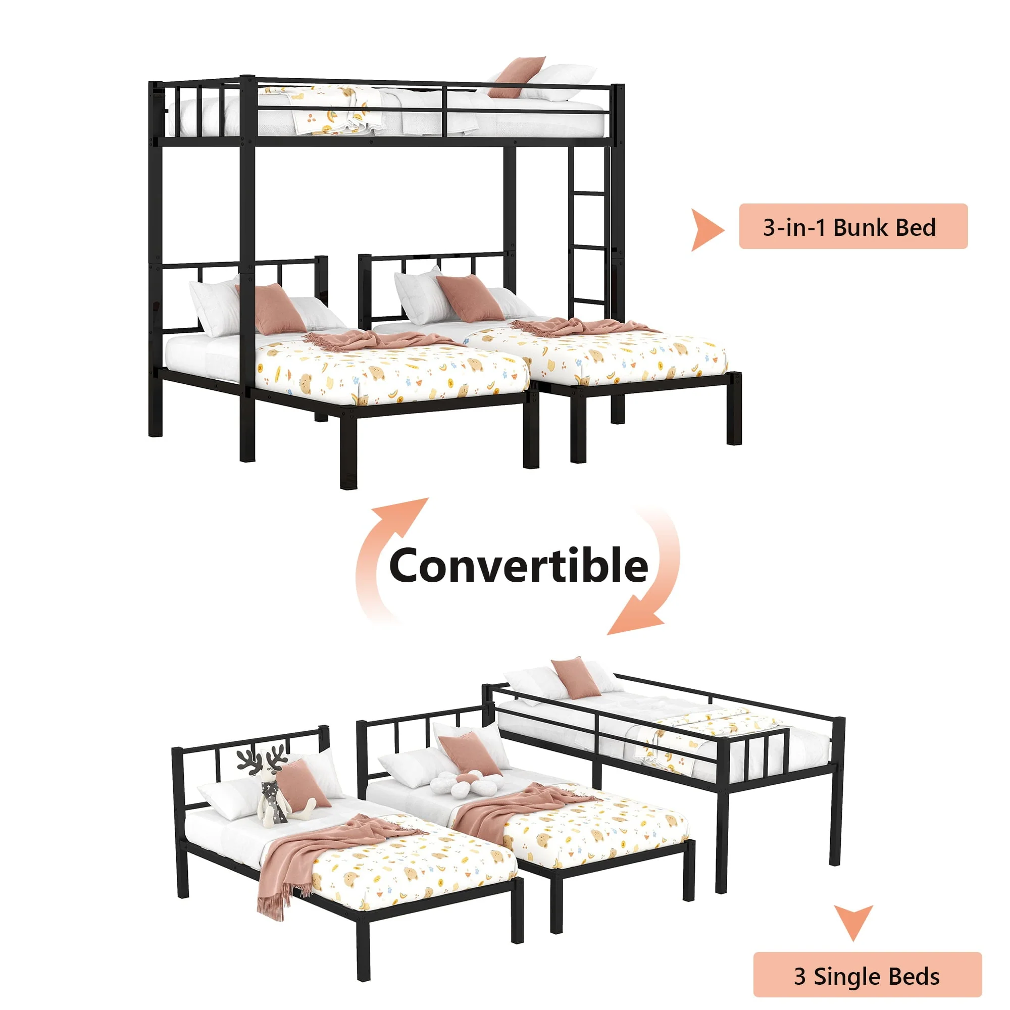 Metal Twin Triple Bunk Bed, Twin over Twin over Twin Bunk Bed for 3 Kids, Noise Reduced Structure, Separates Into 3 Twin Beds, Black - Image 6