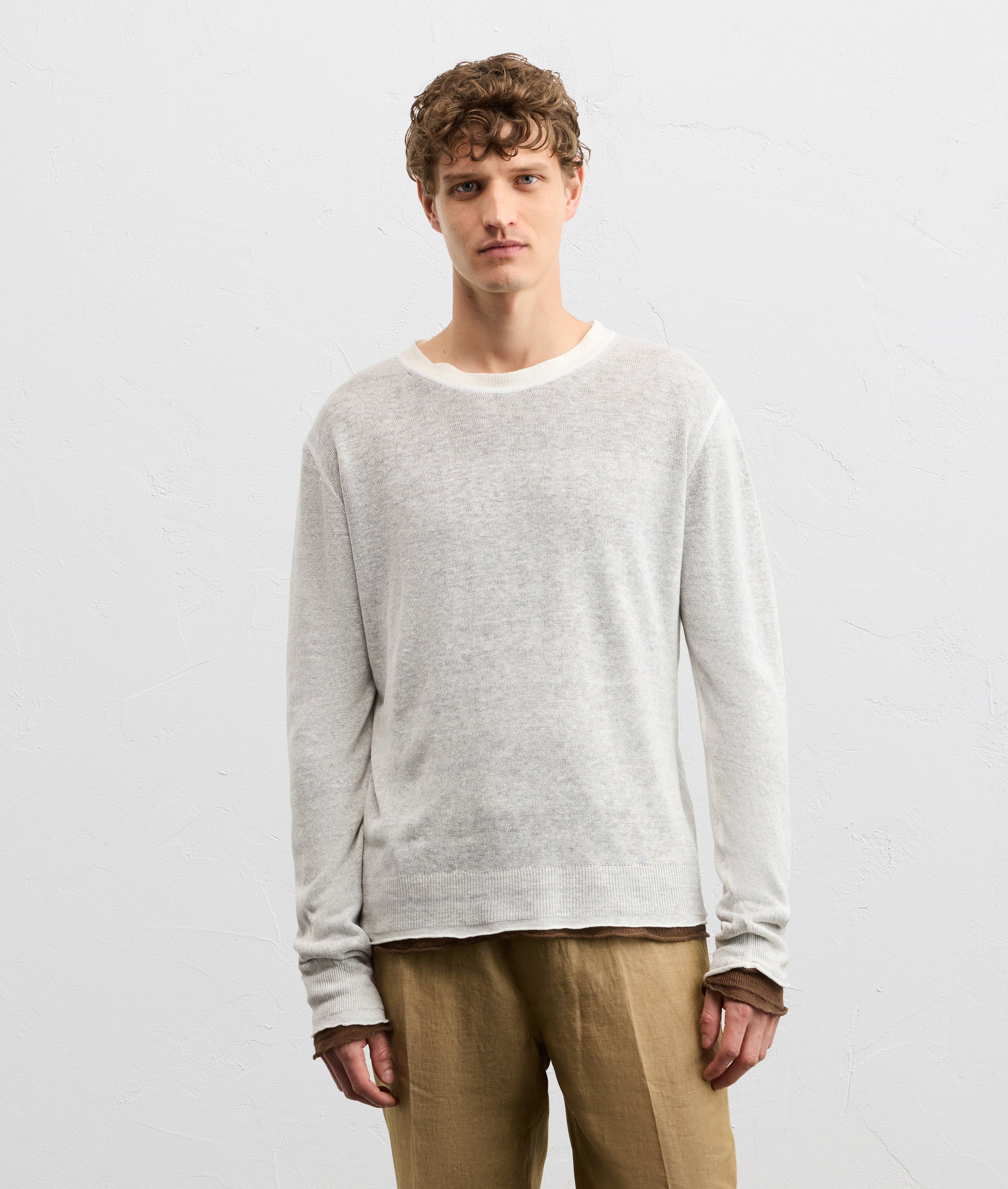 LONG SLEEVED WHITE LINEN SWEATER WITH DOUBLE LAYER TWO TONE JERSEY STITCH