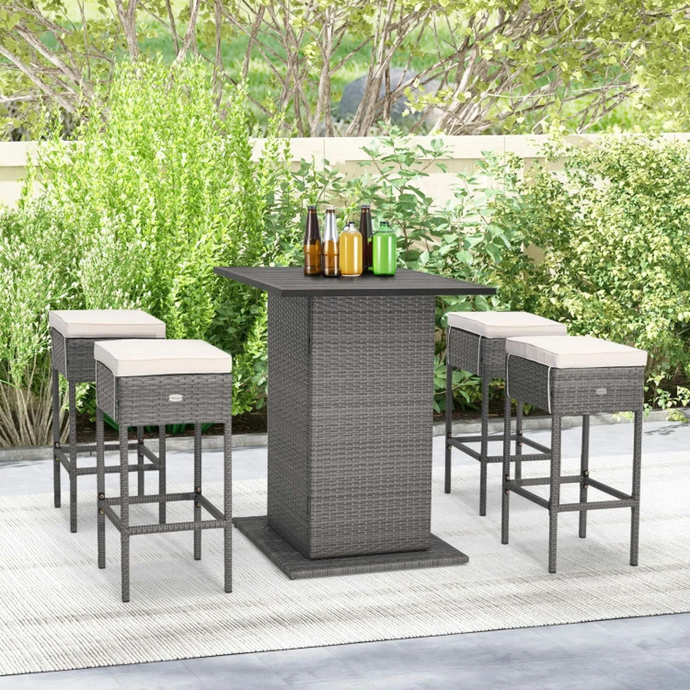 Spaco 5 Pieces Outdoor Wicker Bar Table Set of A Bar Table and 4 Cushioned Bar Stools, Table Set with Hidden Storage Shelves, Bar Table Set for Outdoor as Garden, Patio, White