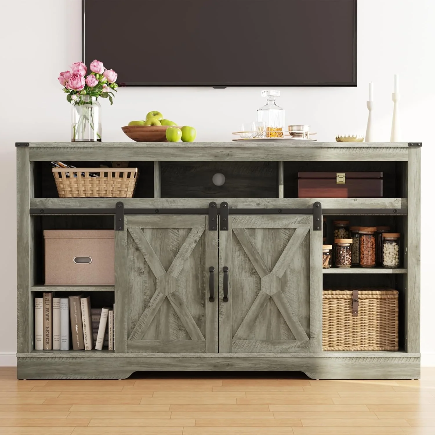 Farmhouse TV Stand for 65+ inch TV,34'' Tall Entertainment Center with Sliding Barn Doors, Rustic Wood Media Console Storage Cabinet Television Stand for Living Room, Light Grey(TV Stand 2/Light Grey) - Image 8