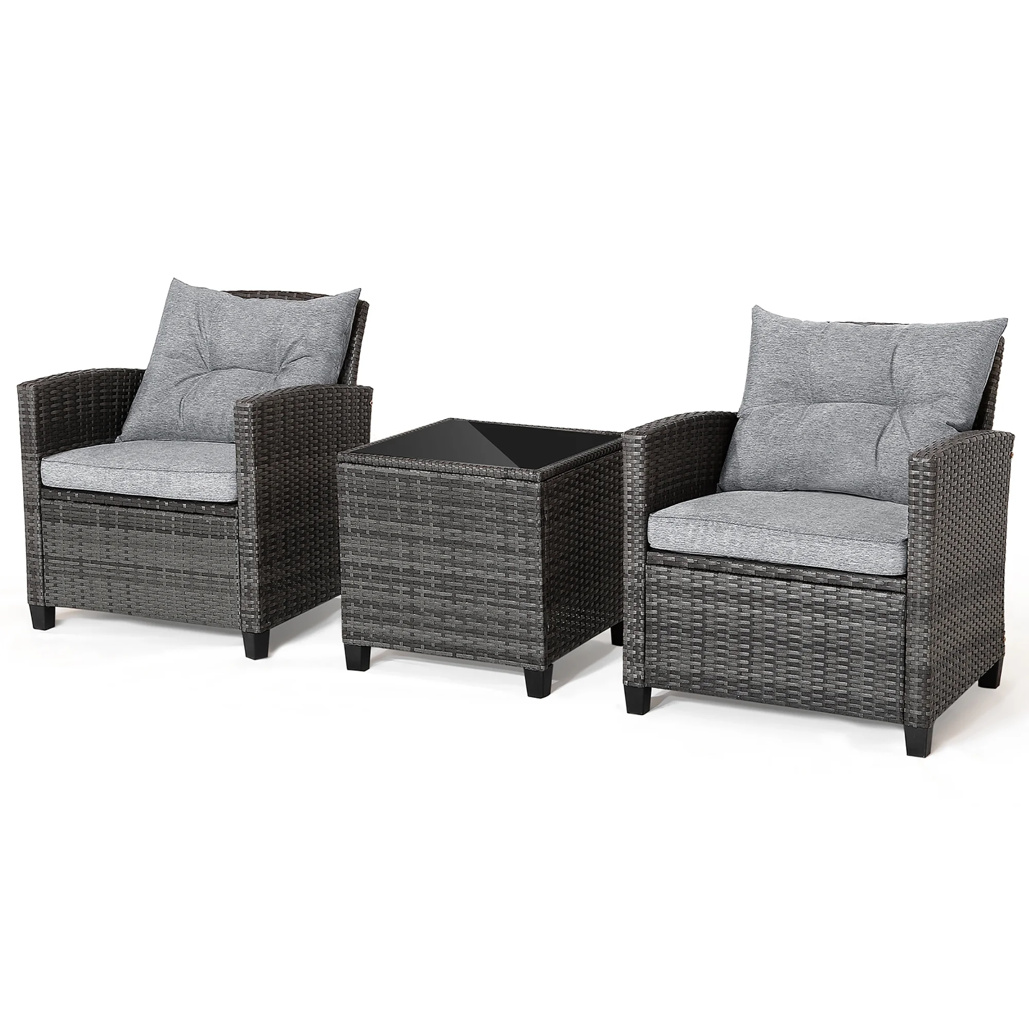 3PCS Patio Rattan Sofa Set Outdoor Wicker Conversation Set Glass Tabletop w/ Grey Cushion - Image 9