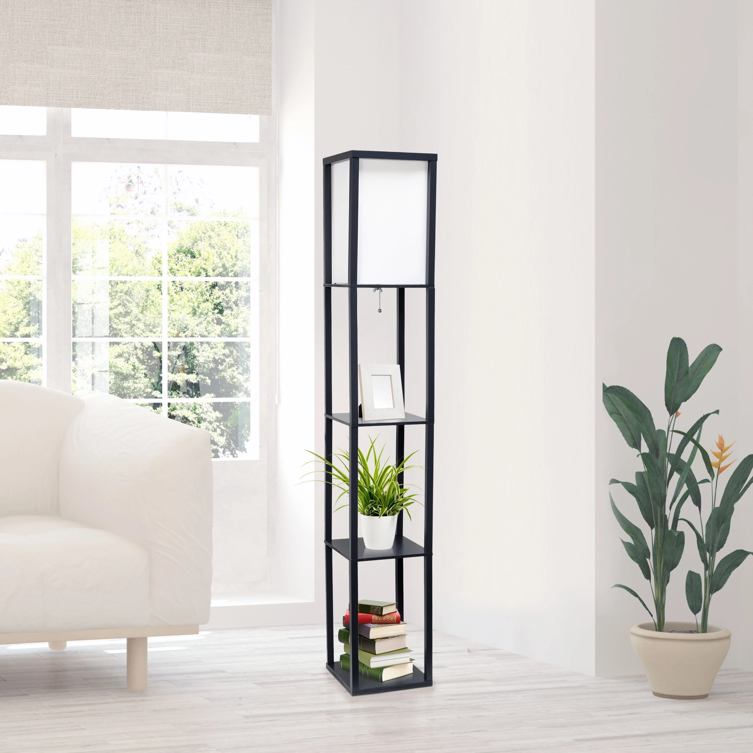 Simple Designs Floor Lamp Etagere Organizer Storage Shelf with Linen Shade, Black Image 9