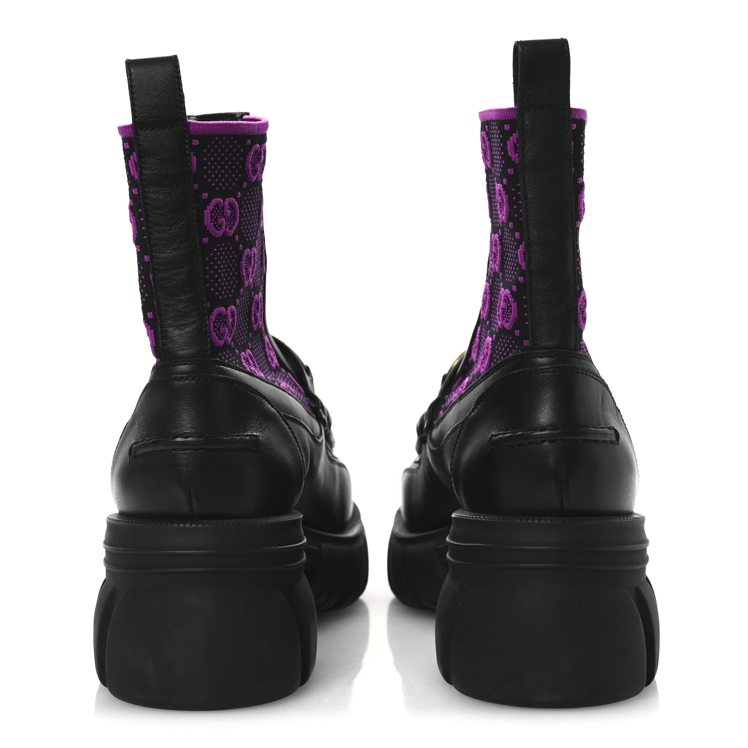 Quebec Calfskin Technical Jersey Knit GG Monogram Horsebit Ankle Boots 42 Black Fucsia