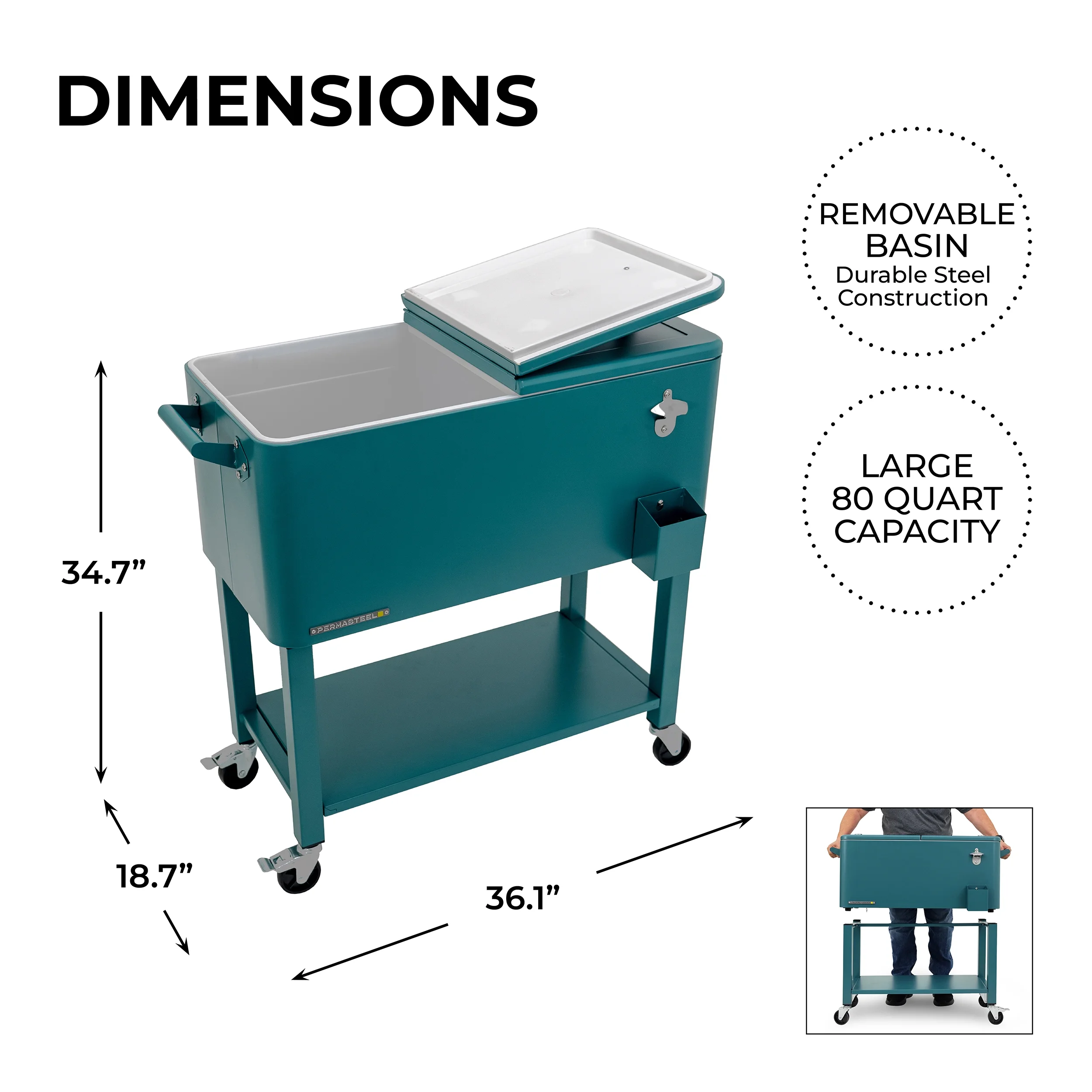80-Qt Outdoor Steel Patio Cooler with Removable Basin, Rolling Cooler with Wheels, Teal Green(Teal Green) - Image 8