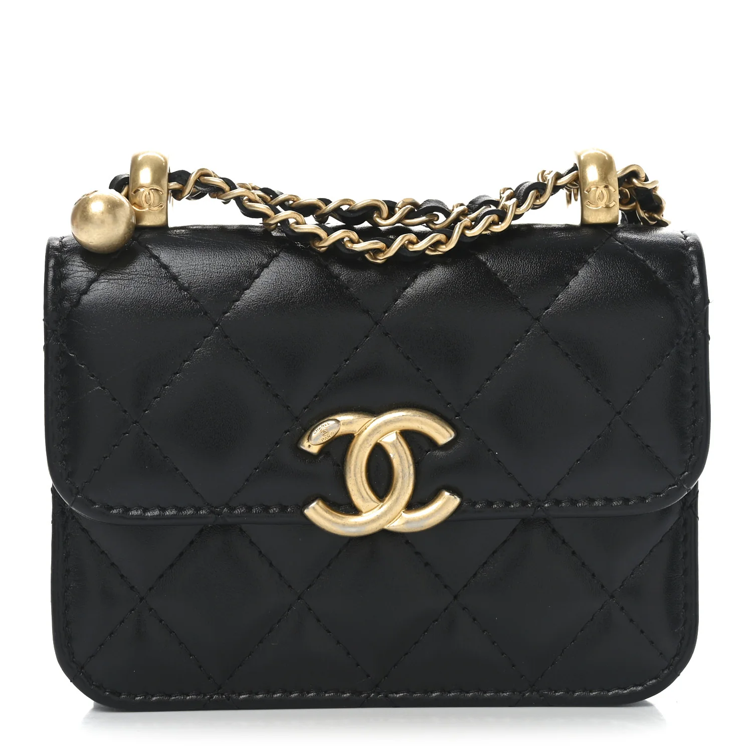 Calfskin Quilted Perfect Fit Coin Purse With Chain Black