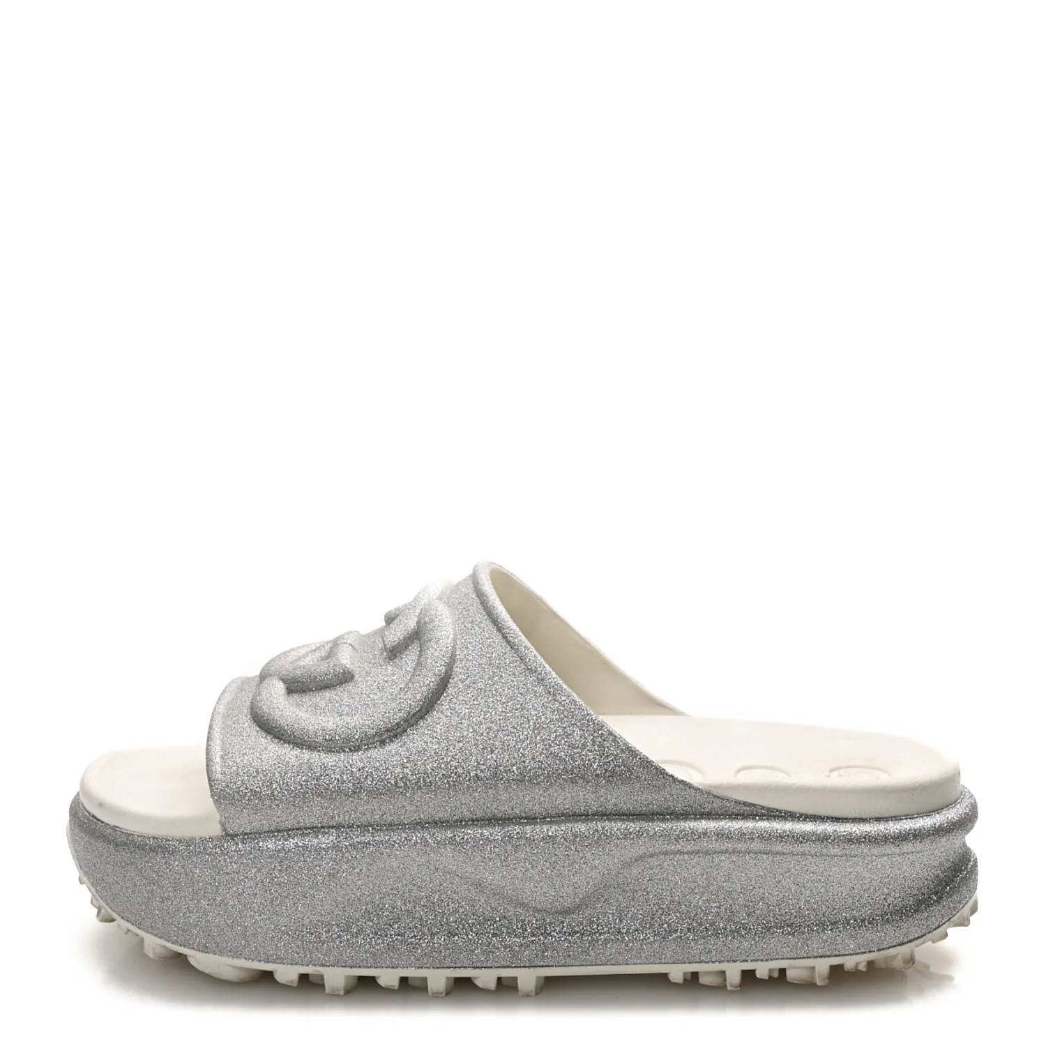 Glitter Rubber Womens Interlocking G Platform 42mm Slide Sandals 40 Silver