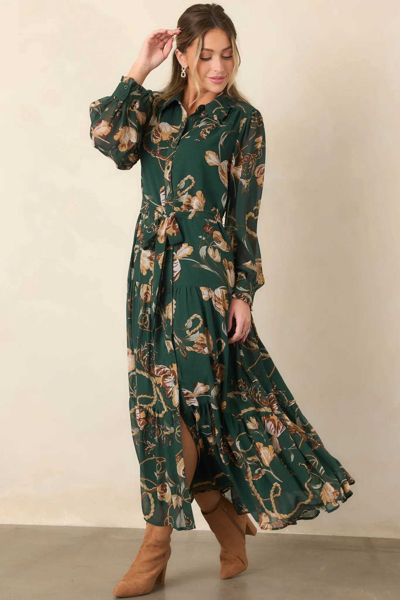 Weekend at the Manor Forest Green Floral Rope Print Tie-Waist Maxi Dress
