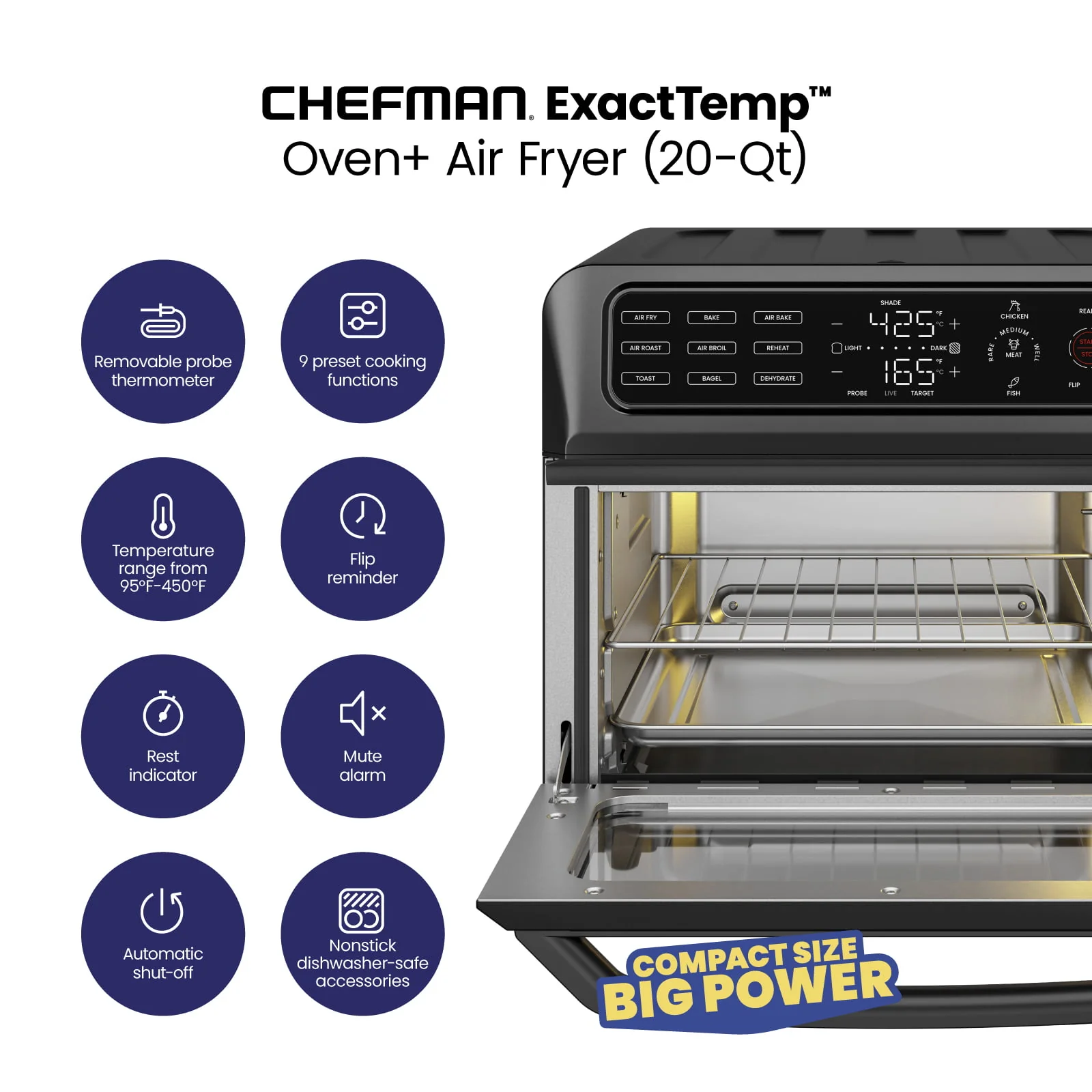 Chefman 12 - in - 1 Air Fryer Oven Combo W/ Probe Thermometer, 20 Qt Capacity, Black Stainless Steel