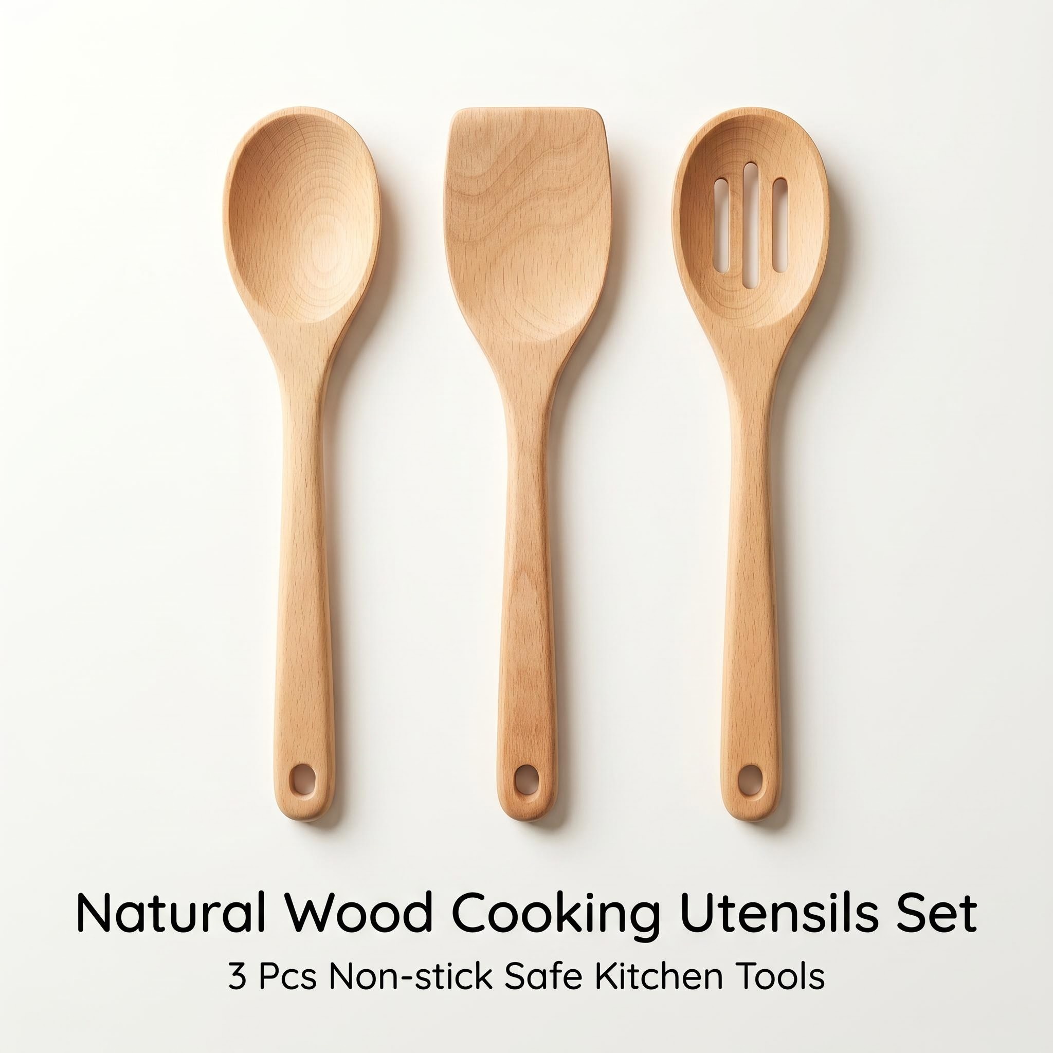 Beech Wood Kitchen Utensil Set 3Pcs Wooden Cooking Spoon Spatula Slotted Spoon Set