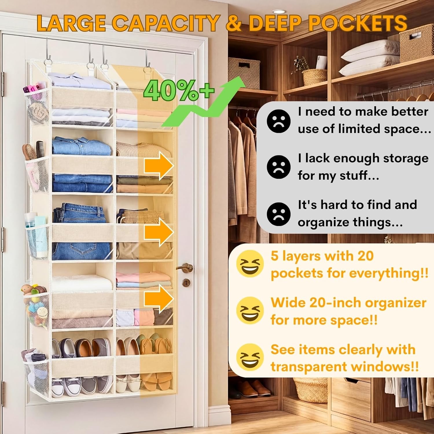 Ofiray-home Over the Door Organizer 5 Tiers, Extra Large Behind Door Storage with 10 Compartments, 80 lbs Weight Capacity Over the Door Storage, Door Hanging Organizer for Closet, Diaper Organizer, Beige