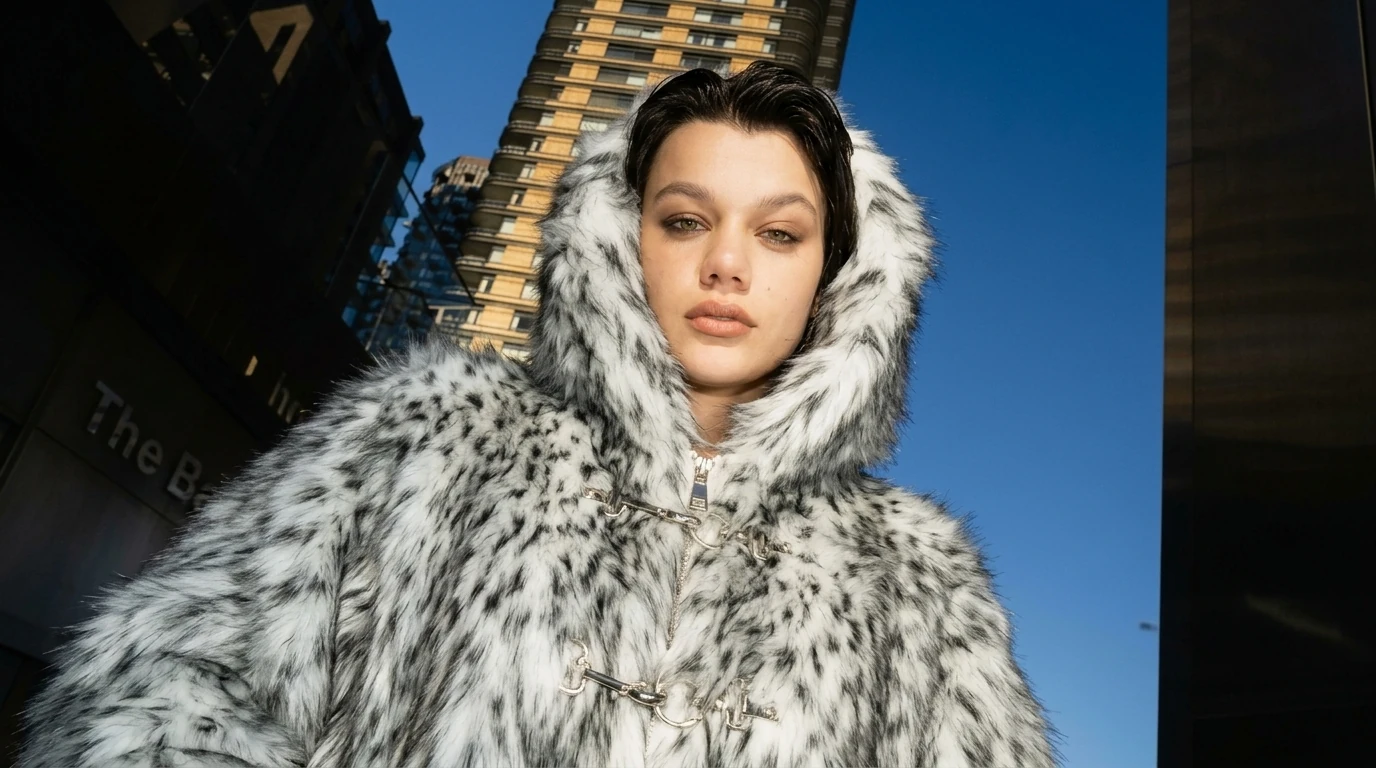 Woman wearing a soft faux fur coat in a neutral indoor setting