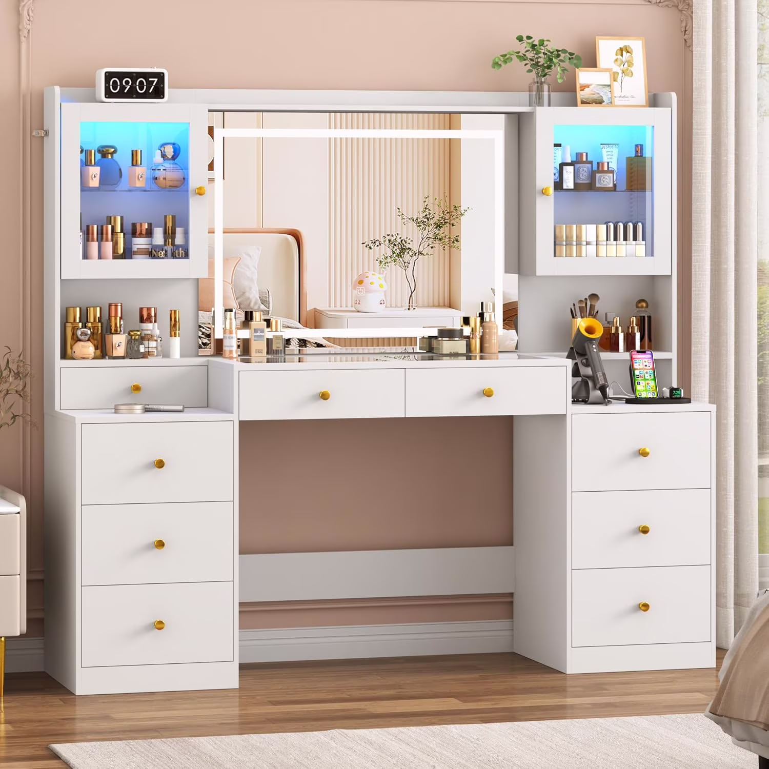 62'' Large Vanity Desk w/60000 color LED Lights, Tempered Glass Top, Power Outlet, Makeup Vanity Table w/ 3 Lights Mode Mirror, 9 Drawers, 2 RGB Cabinets, LED Dressing Table for Girls, Women(White 62'')