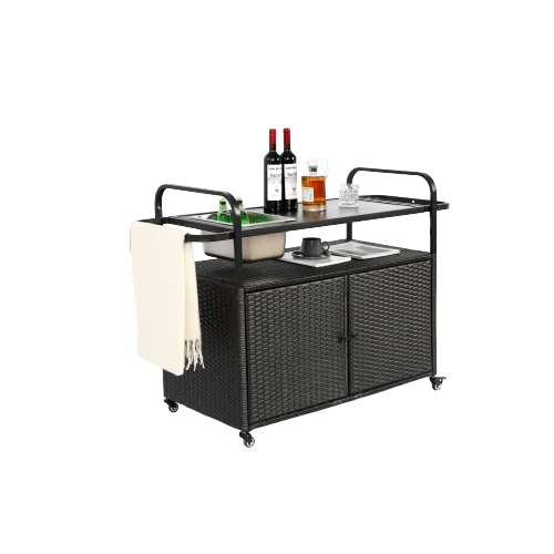 Outdoor Rolling Wicker Bar Cart, Large Portable Outdoor Wicker Bar Table with Cabinet Storage and Glass Countertop, Patio Wicker Serving Bar Cart for Pool, Party, Backyard, Black(Black) - Image 2