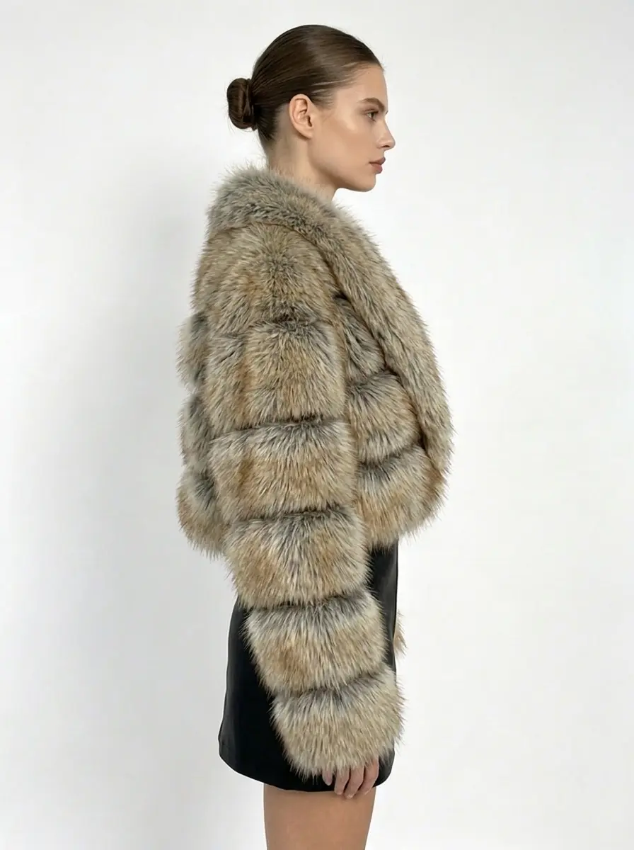 Side view of khaki short oversized lapel faux fur jacket