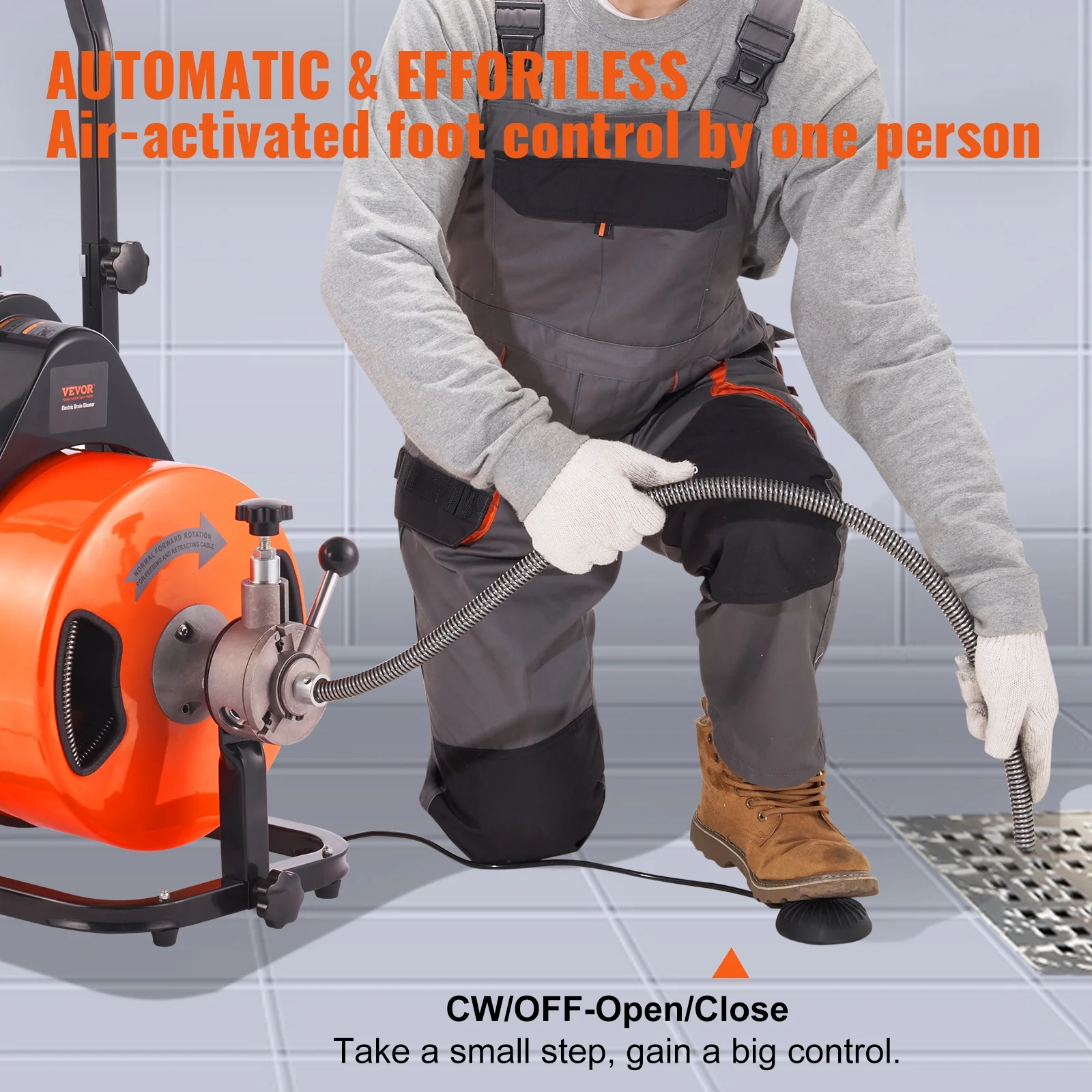 Drain Cleaner Machine 100 FT x 1/2 Inch, Sewer Auger Auto Feed with 4 Cutter Air-activated Foot Switch for 1" to 4" Pipes, Orange, Black - Image 4