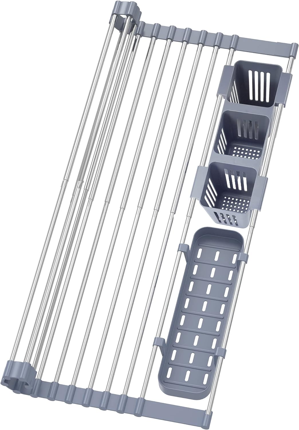 BBXTYLY Expandable Roll Up Dish Drying Rack Up to 22.8'' with 2 Storage Baskets, Over The Sink Kitchen Rolling Up Dish Drainer Drying Rack, Foldable, Rollable, for Kitchen Dishes (Expandable Width Size)