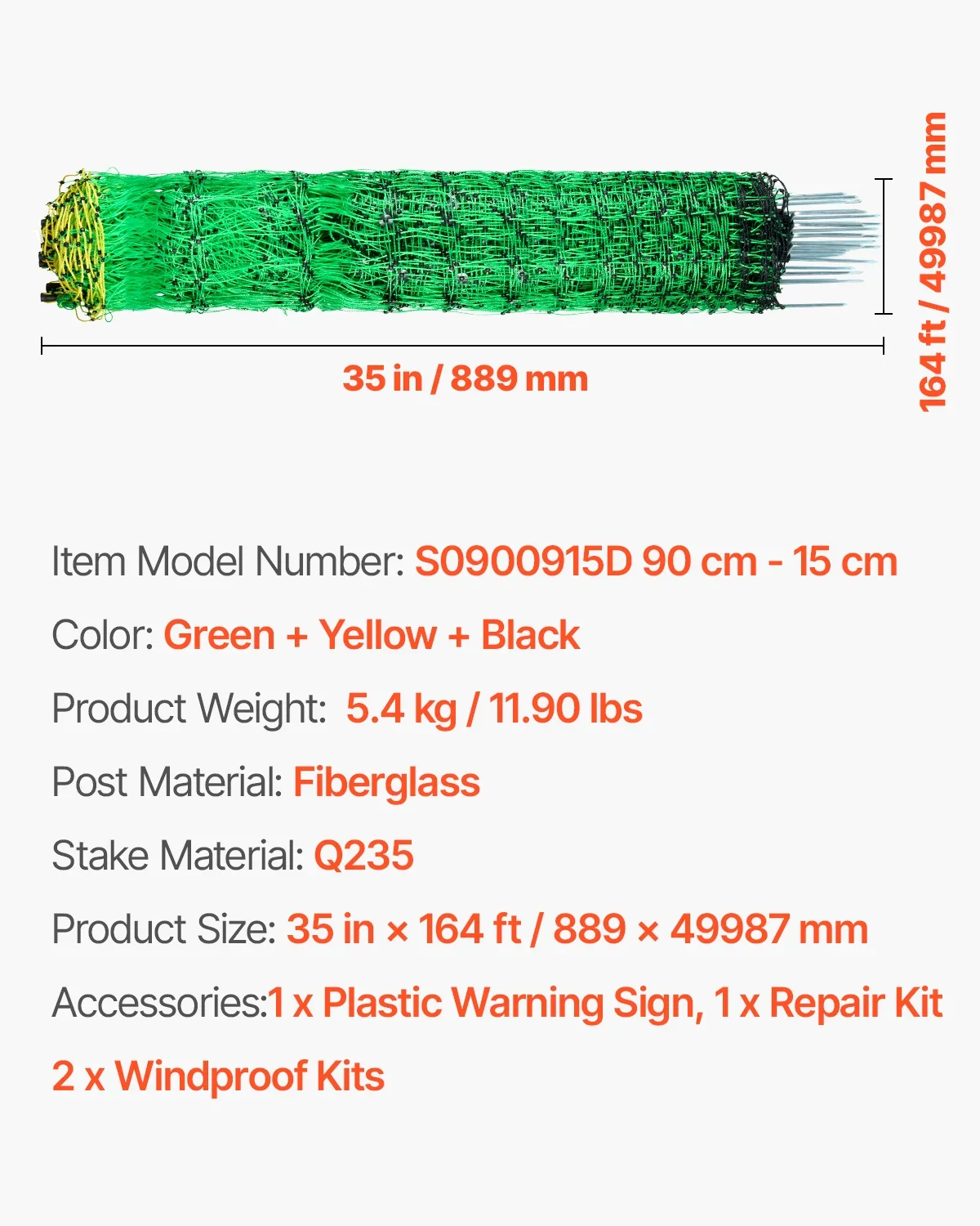 KFFKFF Powered Mesh Barrier, 35 Height x 164' Length, PE Grid Barrier with Poles & Twin-Pronged Pegs, Handy Movable Netting for Goats, Sheep, Lambs, Deer, Hogs, Dogs, Suitable for Home Gardens, Farm