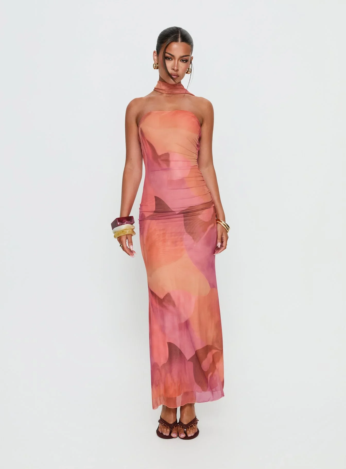 Davynn Scarf Detail Strapless Maxi Dress Pink Multi