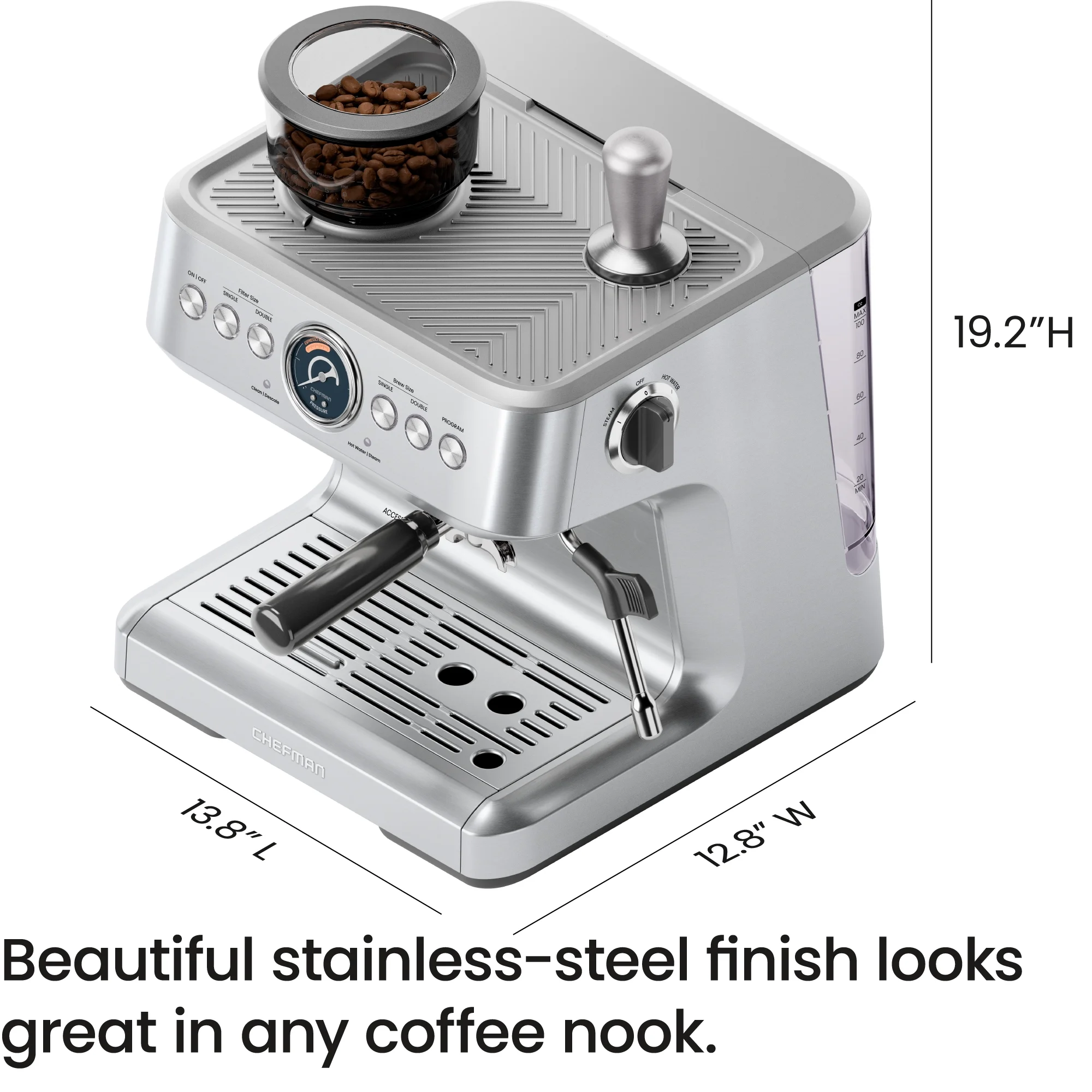 Chefman Crema Supreme Espresso Machine with Conical Burussian River Grinder and Steam Wand A?? Stainless Steel, New