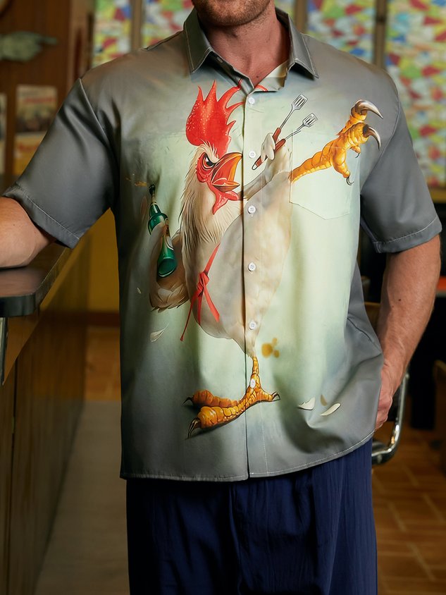 Chemise décontractée à manches courtes avec poche poitrine et motif coq kung-fu