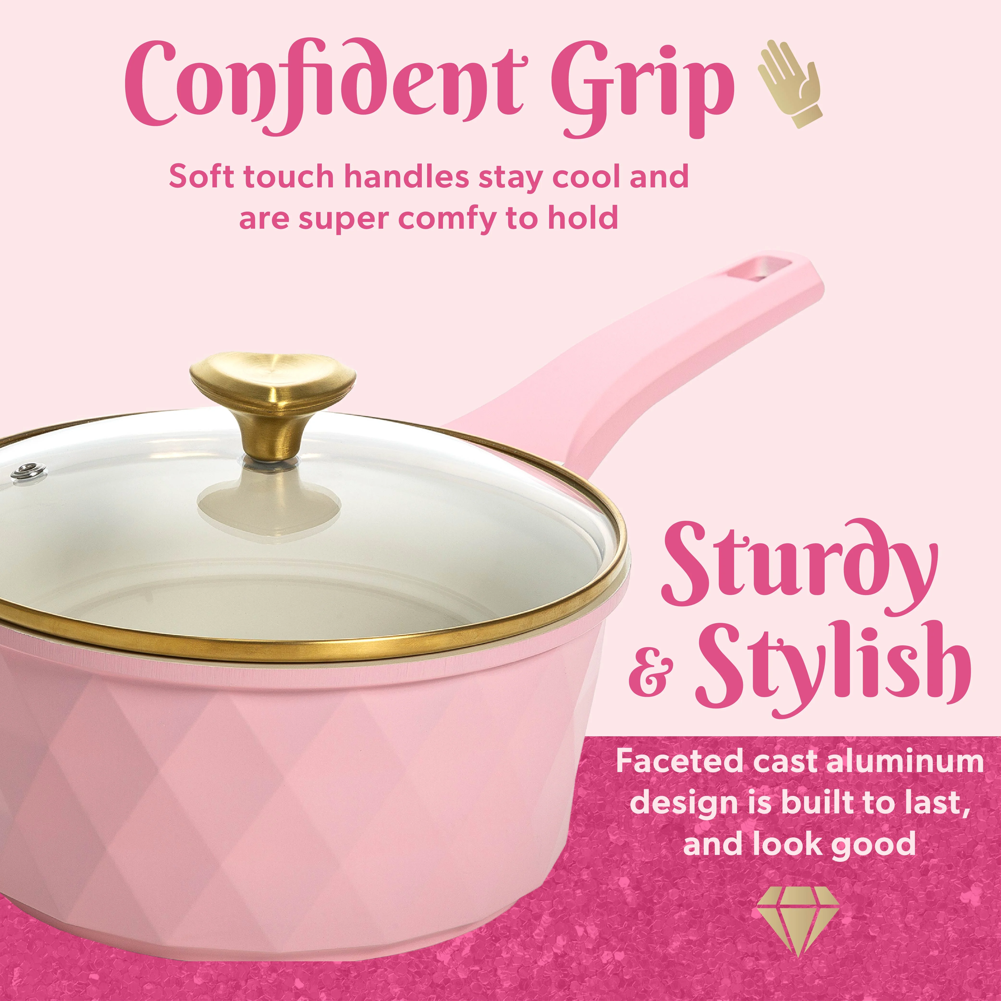 10 Piece Ceramic Nonstick Cast Aluminum Cookware Set, Clean Ceramic? Coating, Faceted Pink Design(Pink) Image 7