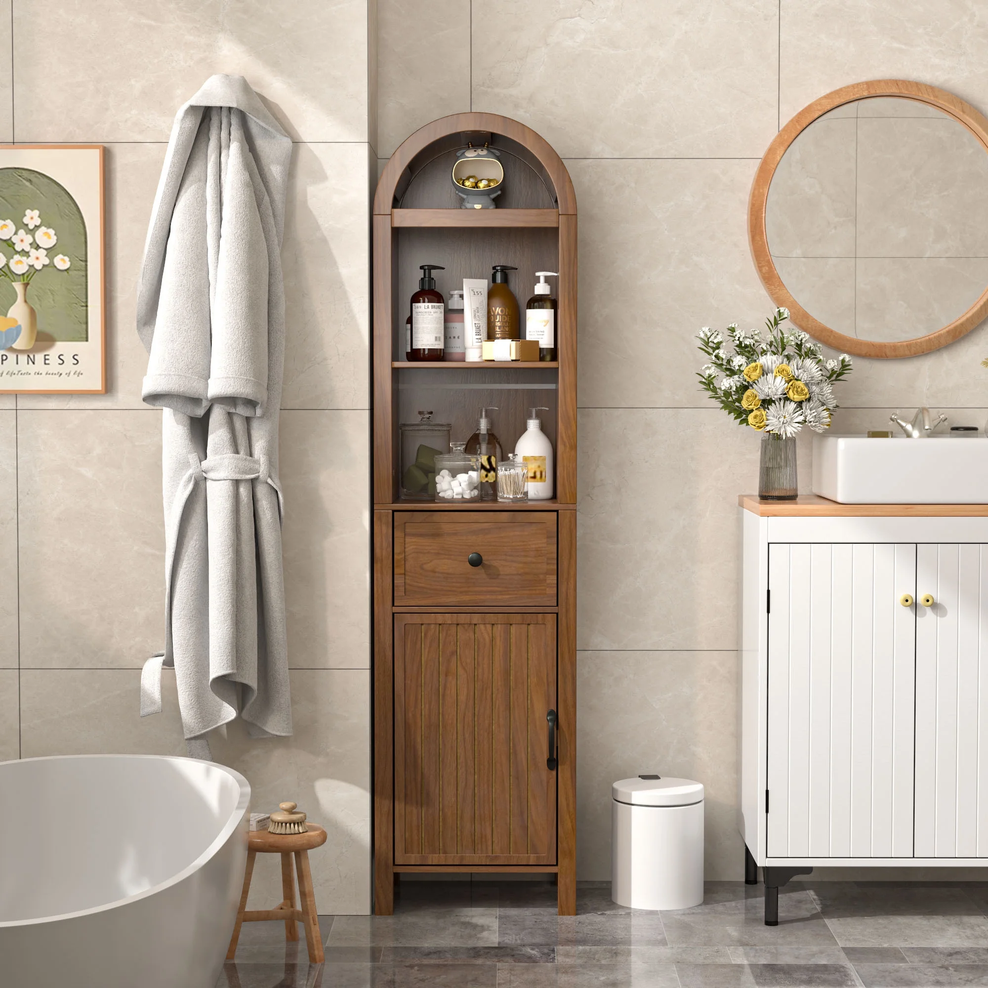 Tall Bathroom Storage Cabinets with Doors and Shelves, Narrow Tall Linen Cabinet with Drawer(Walnut) - Image 4