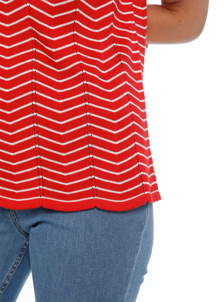Pull femme coton manches courtes rouge/crème