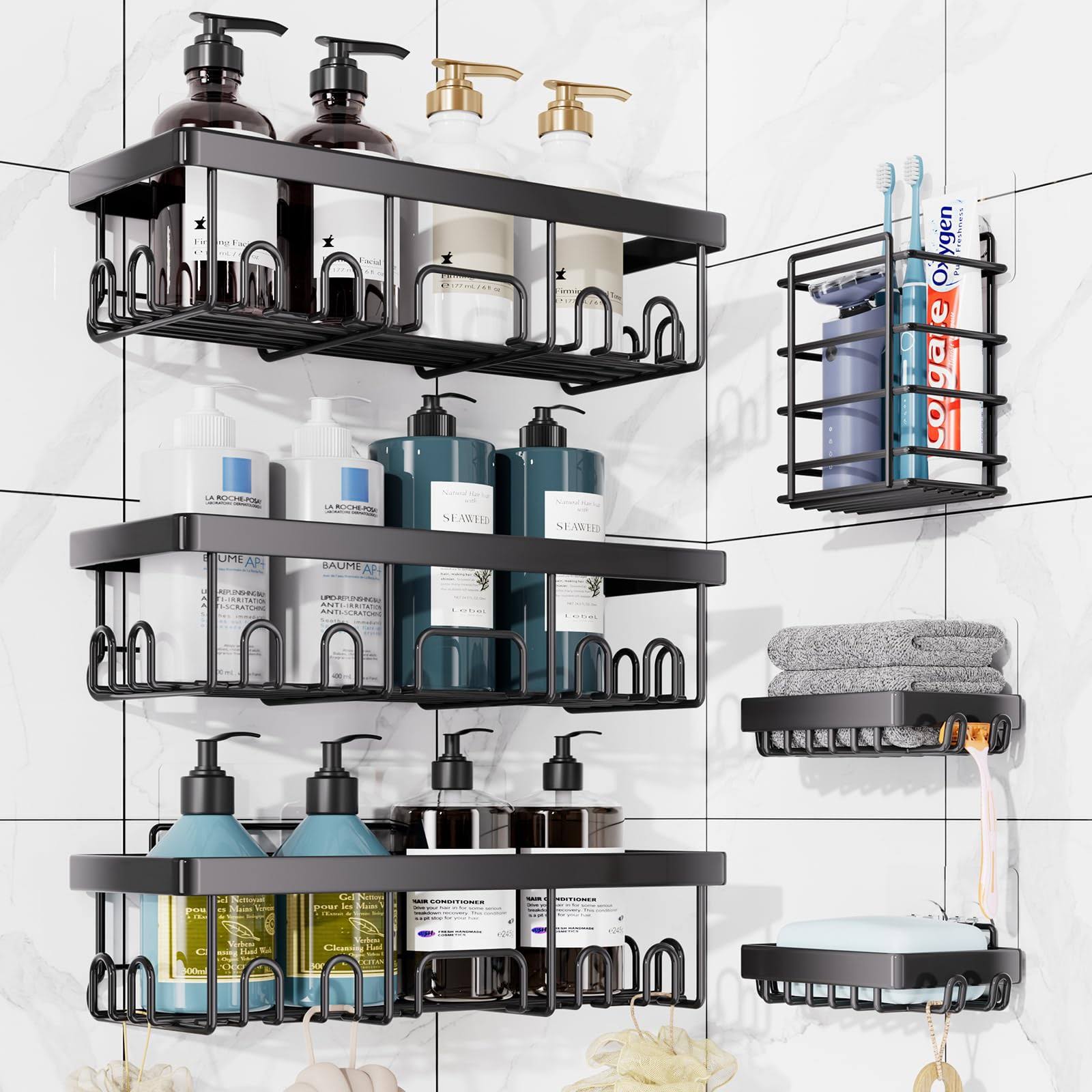 Veken Shower Caddy 6 Pack,Adhesive Bathroom Shower Organizer for Bathroom Storage&Home Decor&Kitchen,No Drilling,Large Capacity, Rustproof St