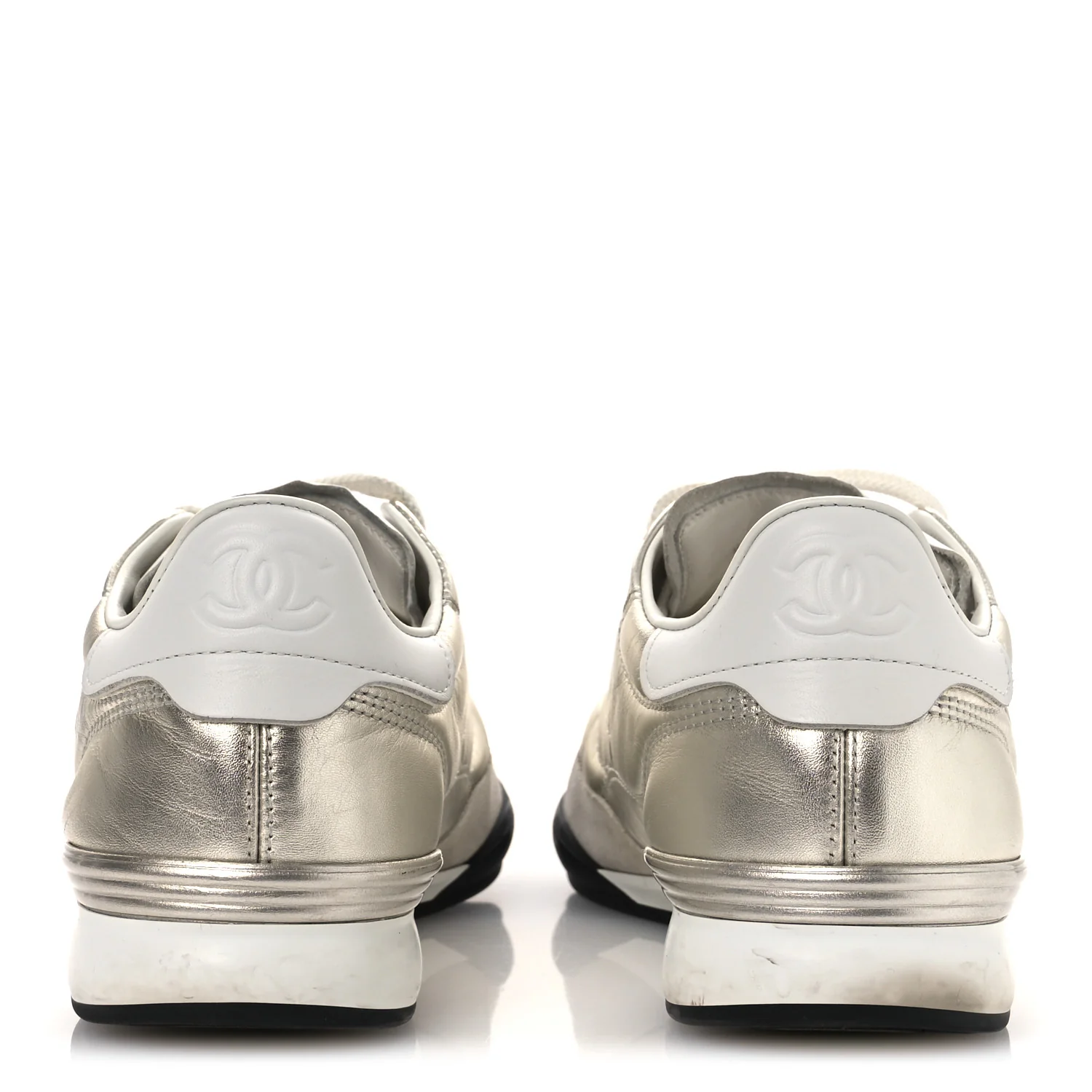 Laminated Calfskin Suede Quilted Womens CC Sneakers 39 Silver White