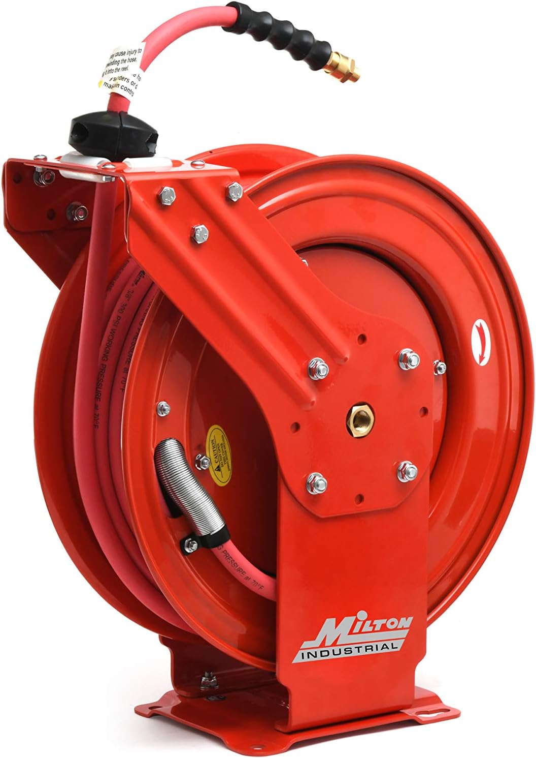 MILTON Industrial Hose Reel 2790-50D  Auto Retractable  Chemical Resistant  Prevent Cracking  Flexible in Extreme Conditions 1/2” Hose ID  50 Foot Rubber Hose  300 PSI Max Pressure 1/2