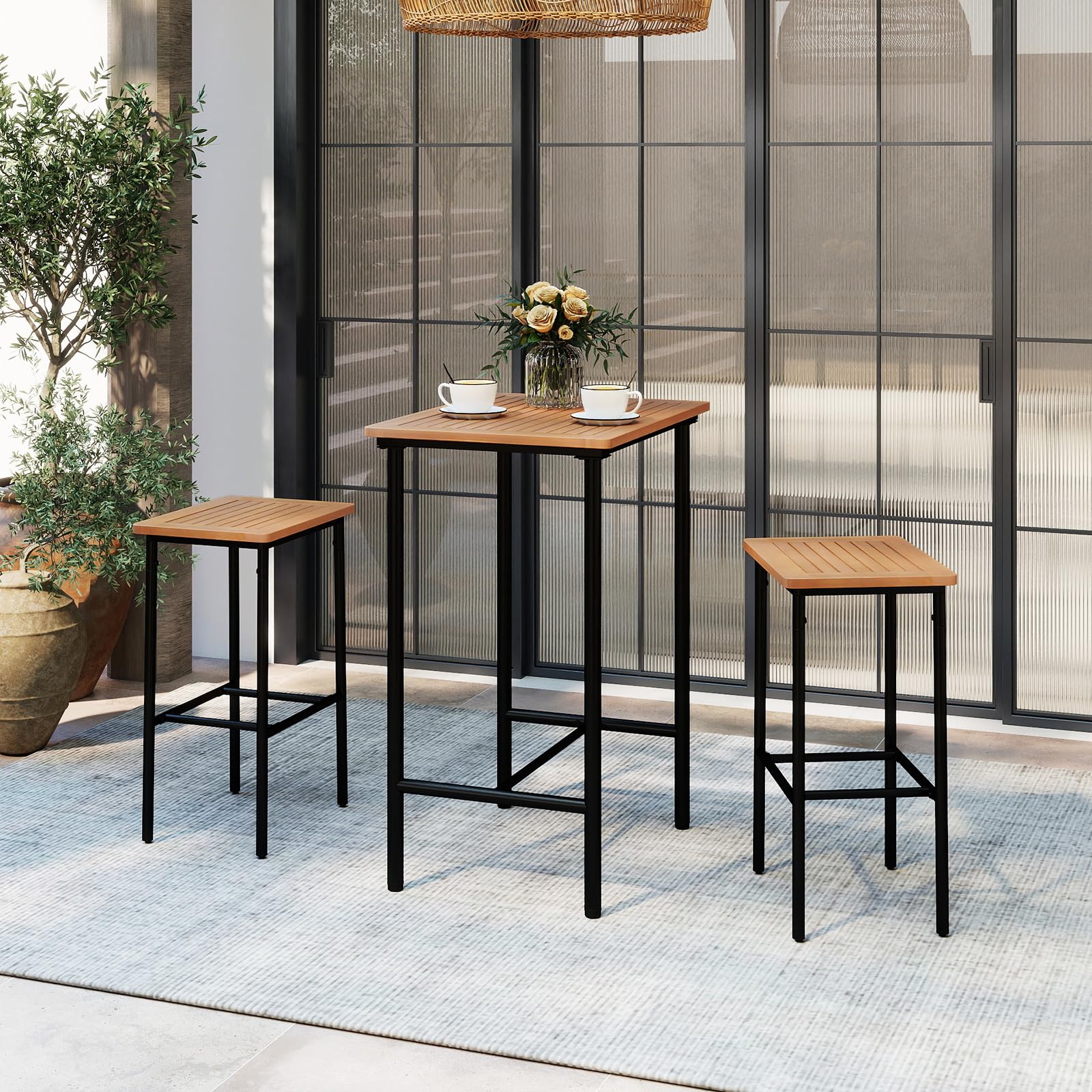 Tangkula 3 Pieces Acacia Wood Patio Bar Set