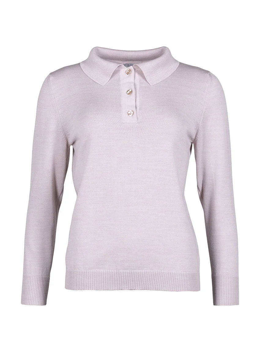Pull femme col polo en laine beige naturel