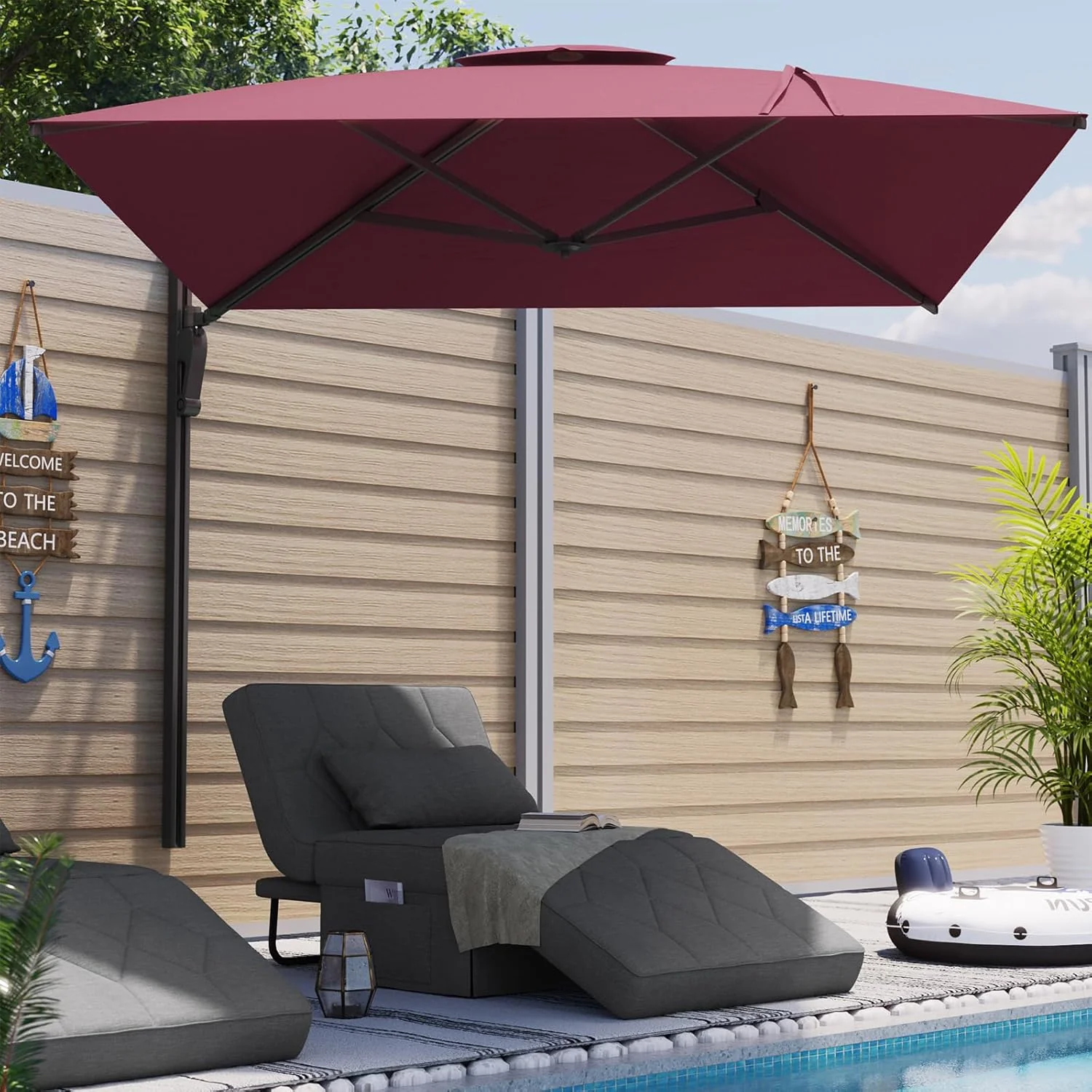 AECOJOY 10ft Cantilever Patio Umbrella, Large Rectangle Umbrella 180° Rotation Offset, Red