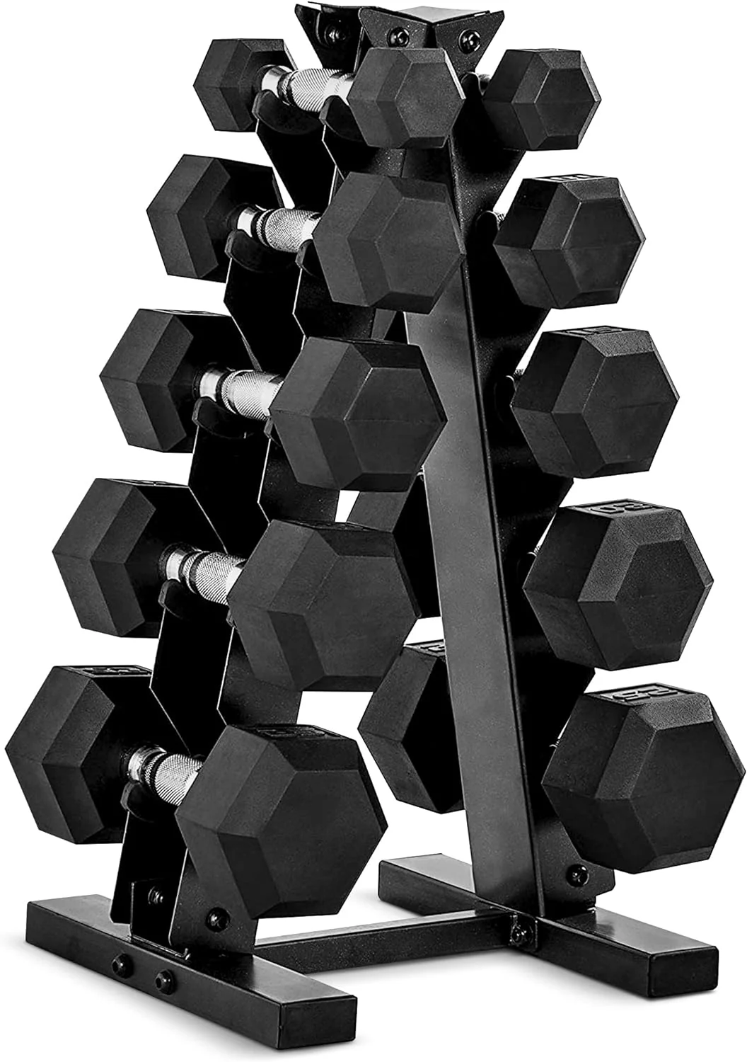 Ensemble d'haltères hexagonales revêtues CAP Barbell 2025 de 68 kg (150 lb) avec support vertical, noir