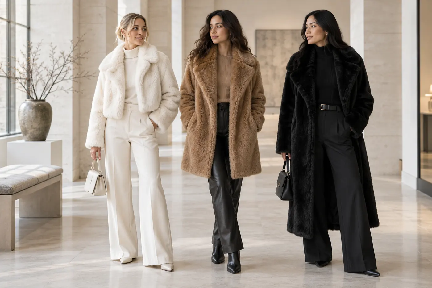Women comparing cropped, mid-length and long faux fur coat silhouettes