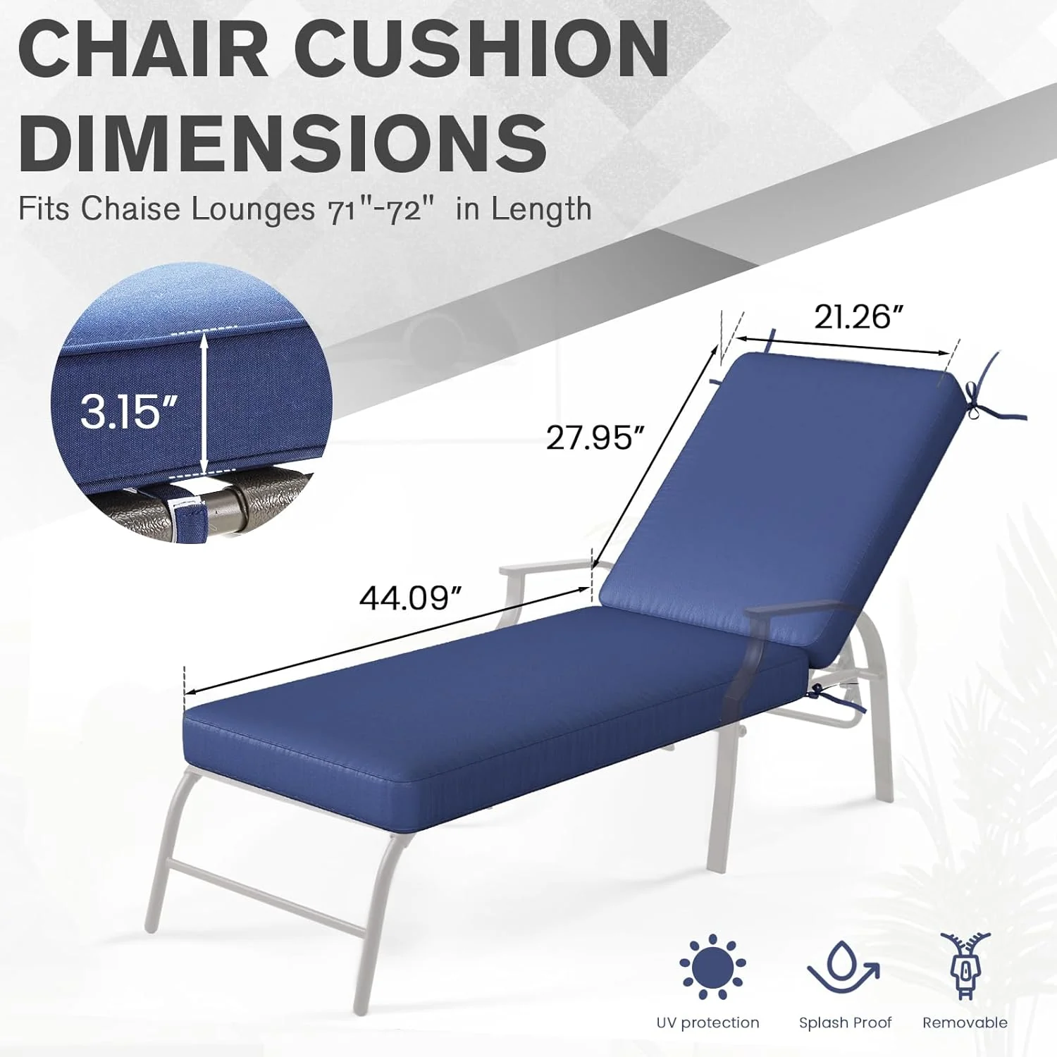 AECOJOY Chaise Lounge Cushions Outdoor Set of 2, 72x21x3 Inch Lounge Chair Cushion, Fade Resistant Patio Sun Lounger Replacement