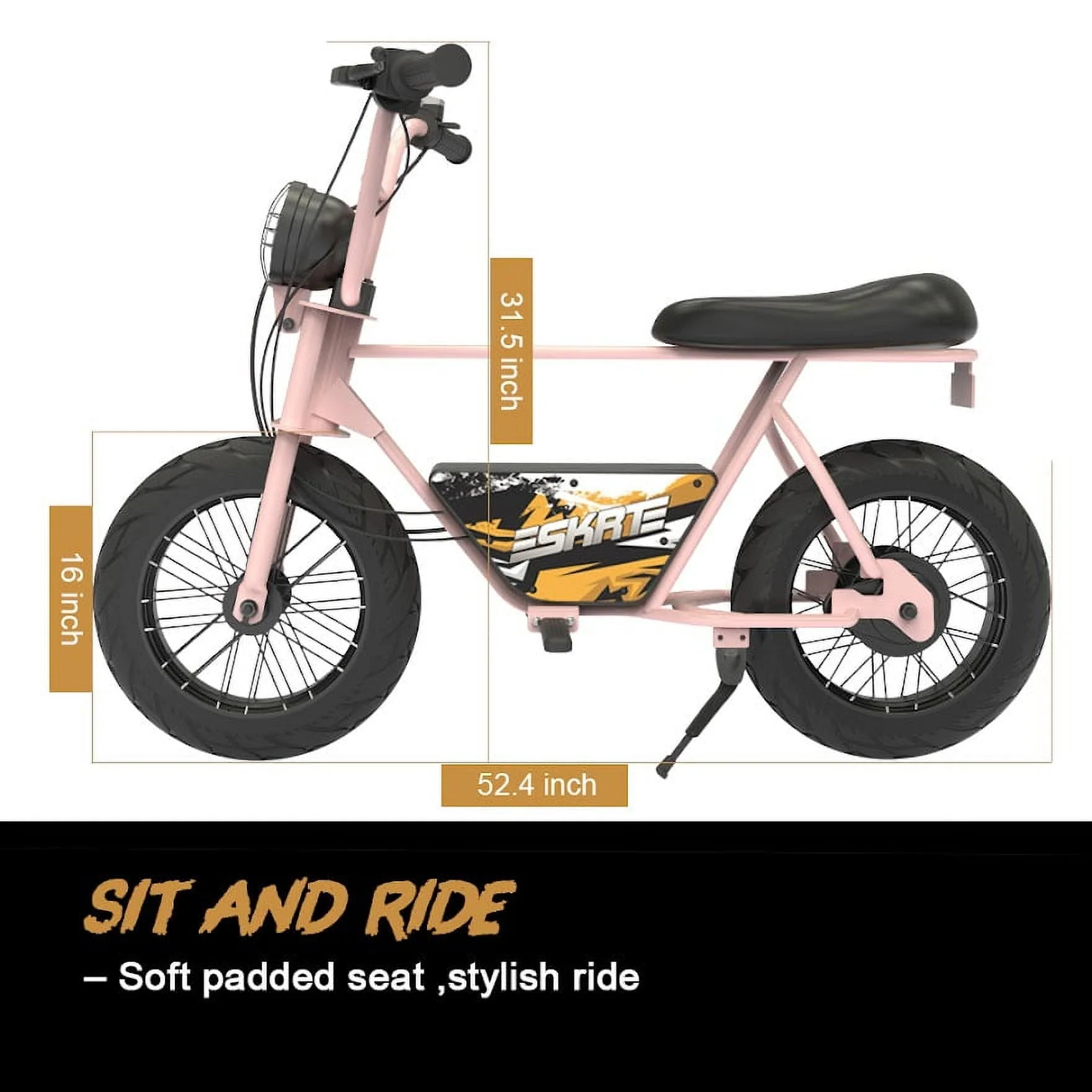 SKRT Electric Balance Bike Bicycle Scooter, 250W 24V Brushless Motor, Big LED, 16 in Rubber Tire, Max Distance 12 MILES, Max Speed 12.4MILE/H, Max Load 165 lb, Safety Battery Switch