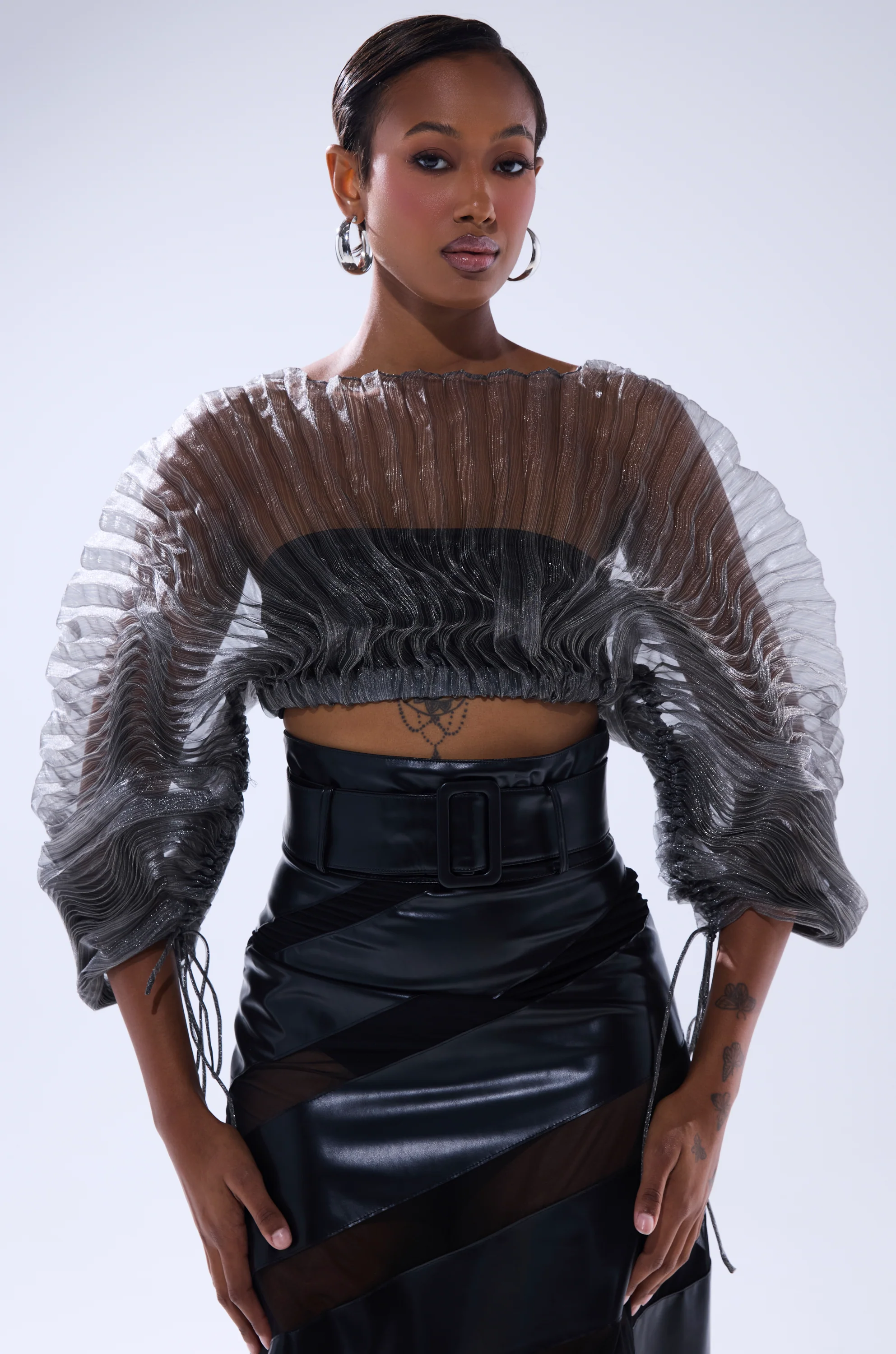 SHEER PLEATED CROP TOP IN GREY - Akira Store