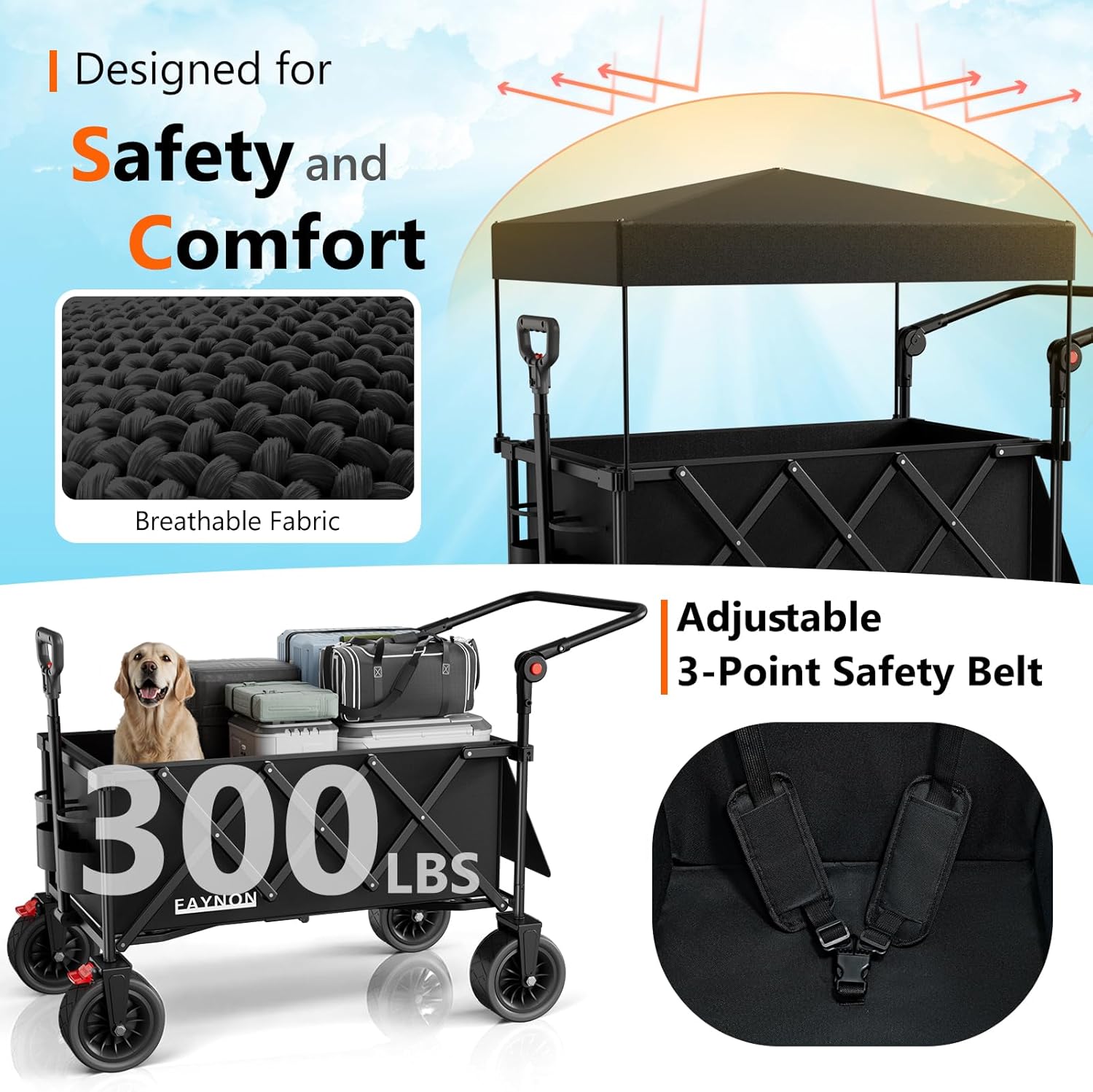3 in 1 Collapsible Wagon with 300lbs Weight Capacity, 150L Heavy Duty Utility Cart with Removable Canopy, with Large All-Terrain Beach Wheels & Drink Holders, Black