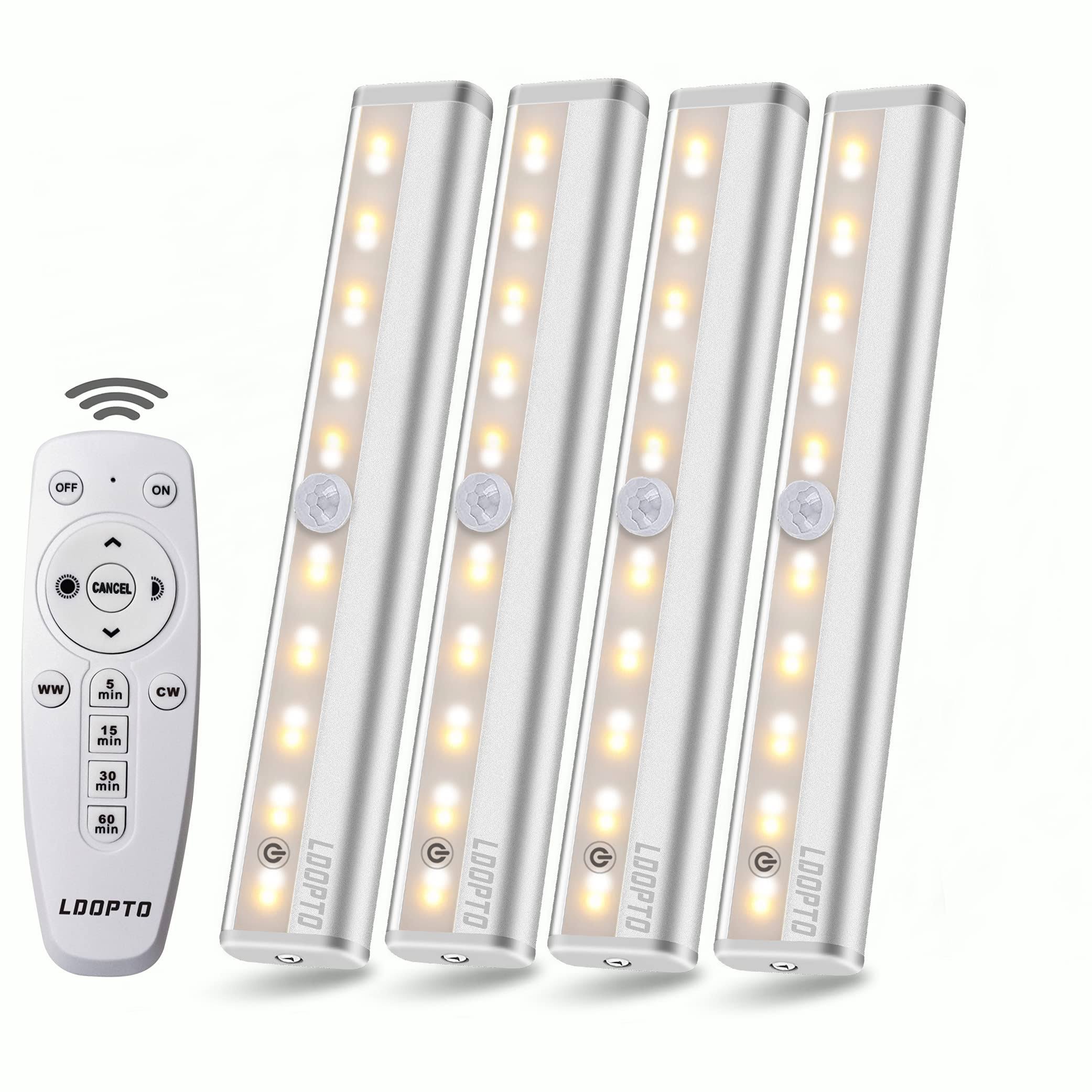 LDOPTO Under Cabinet Lights Wireless with Remote Control Dimmable Battery Operated LED Closet Lights Stick-On Kitchen Lighting with Timer for