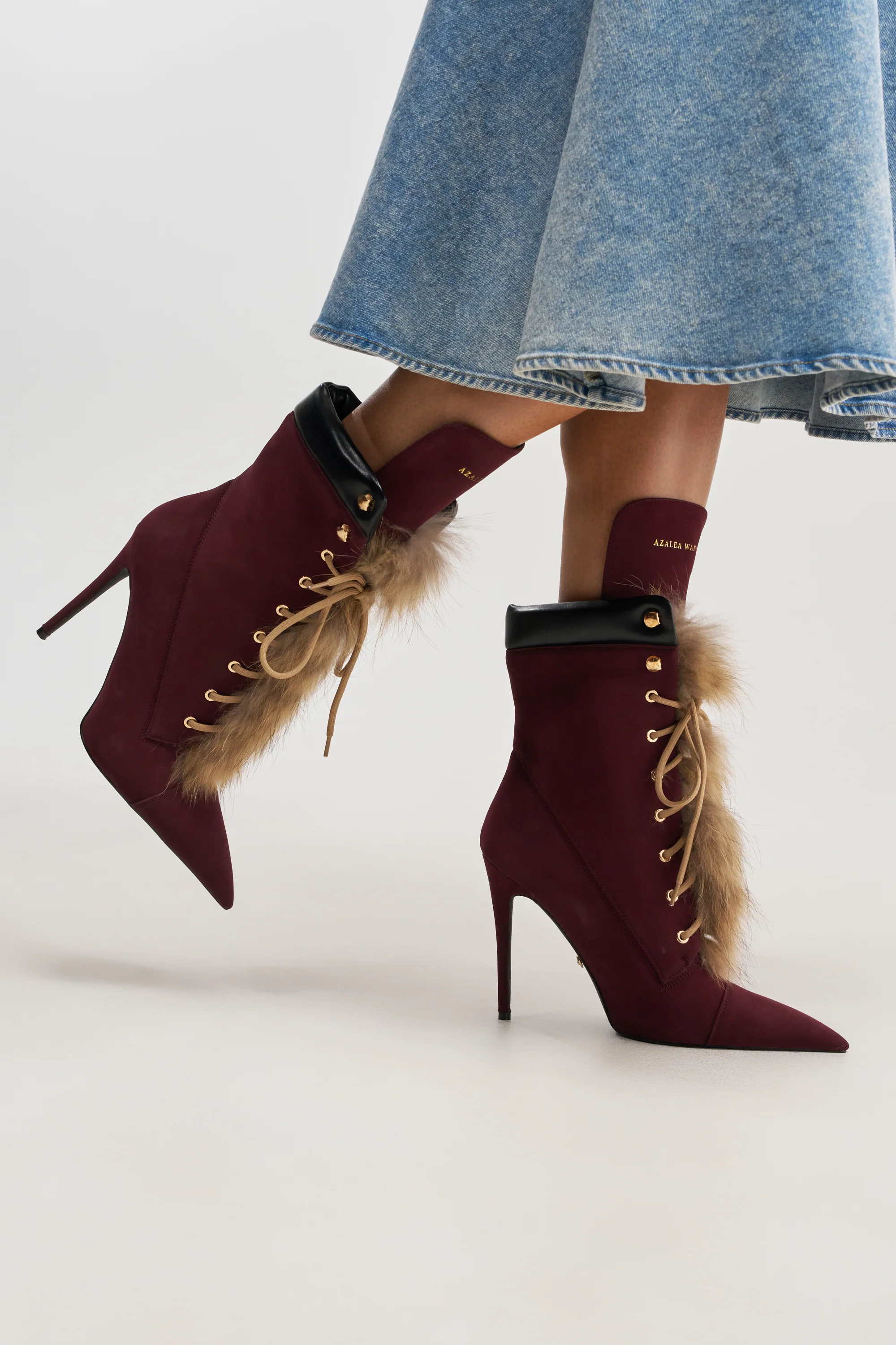 AKIRA GOLD NYMERA BURGUNDY STILETTO BOOTIE WITH FUR - Akira Store