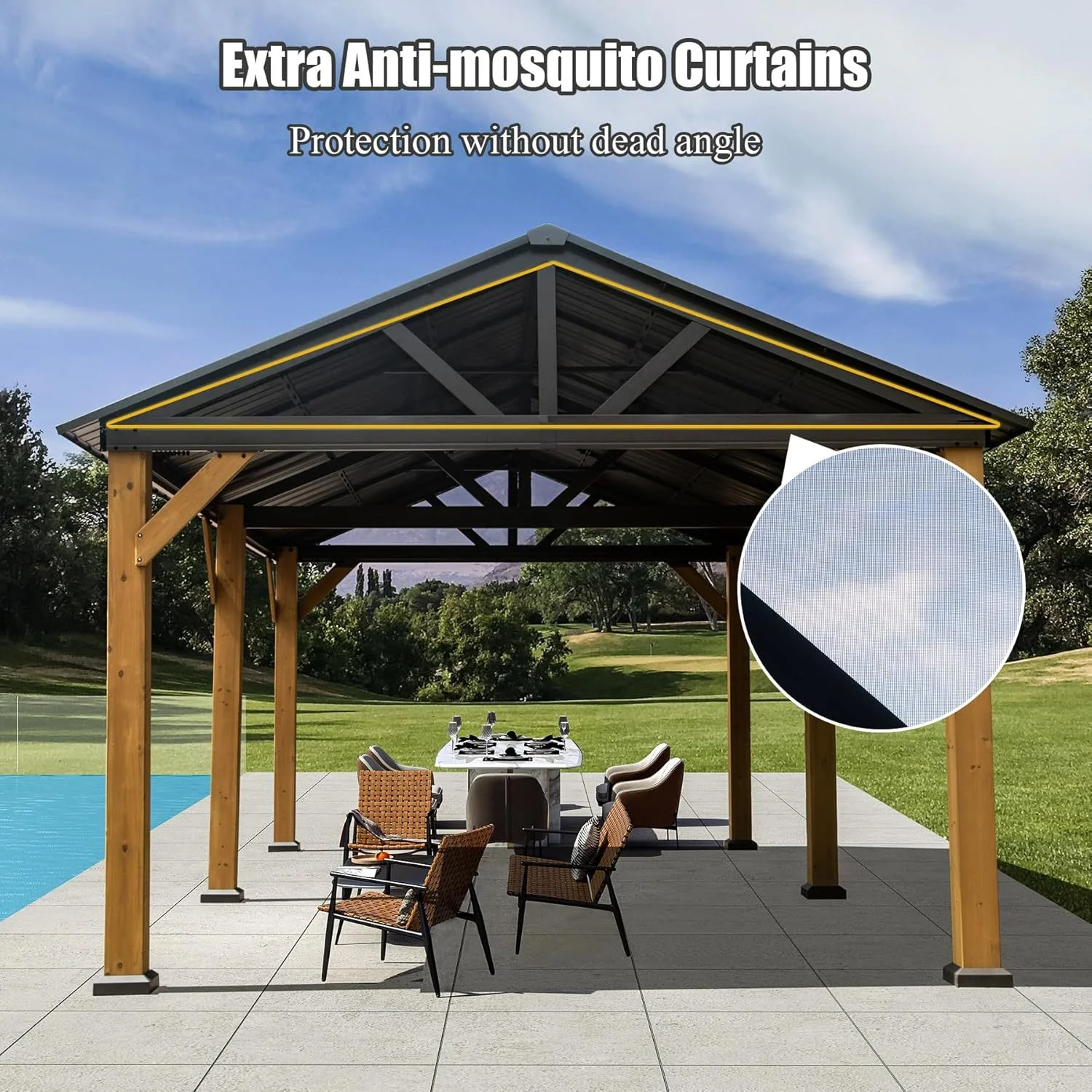 AECOJOY 12'x20' Wood Gazebo, Cedar Frame Hardtop Gazebo with Galvanized Steel Roof, Netting & Curtains