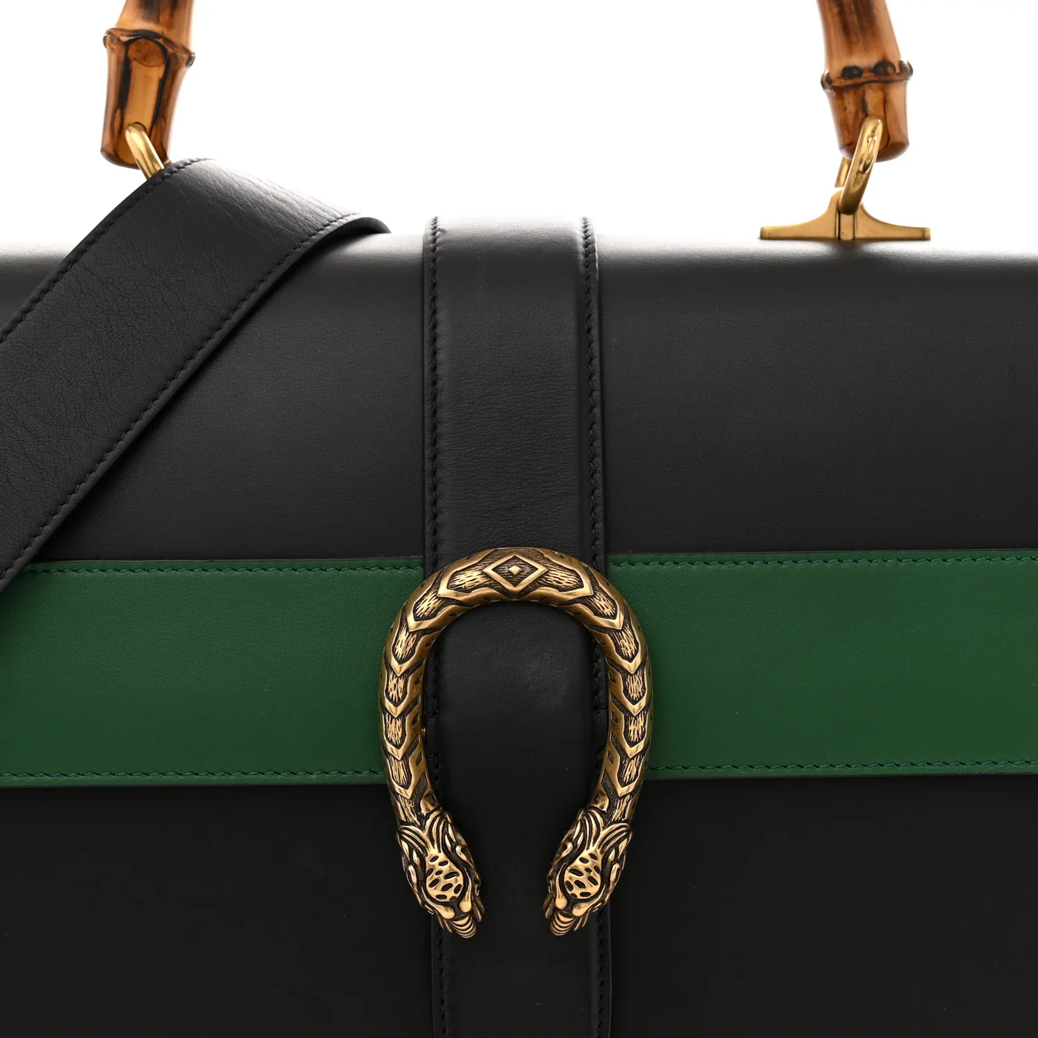 Calfskin Bamboo Web Large Dionysus Top Handle Bag Black Bright Evergreen Hibiscus Red