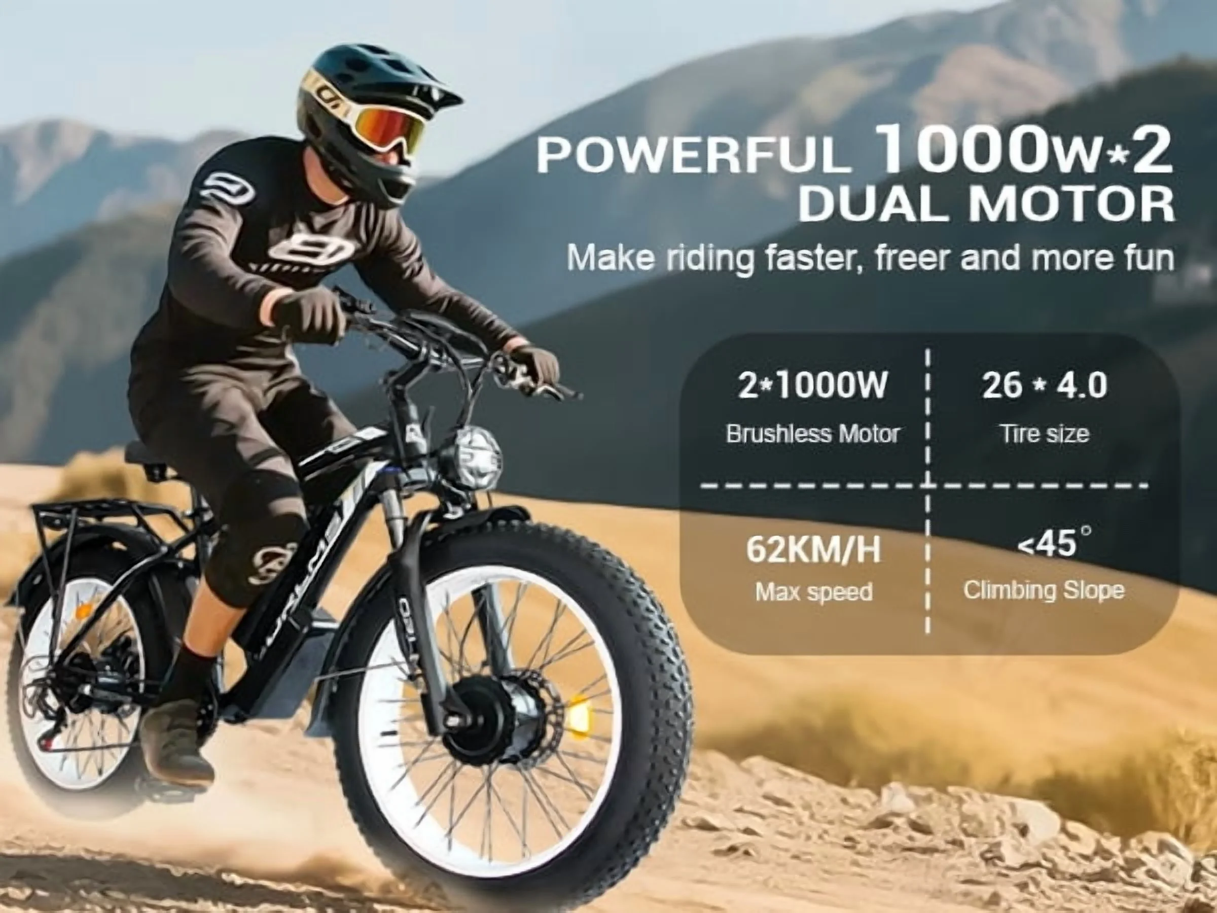 (US in Stock) 5000W Peak Dual Motor Electric Bike for Adults , 60V 25AH Removable Battery Ebike , 50MPH AWD 21-Speed Mountain Snow E-Bike with 26" x 4.0 Fat Tire, Long Range Mountain Off-Road EBikes(Black-Blue) - Image 4