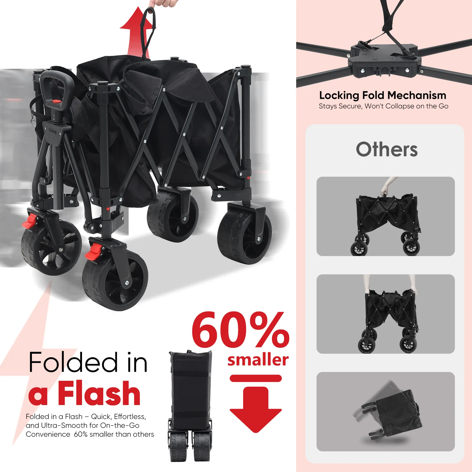 330LBS Collapsible Wagon Cart, 220L Large Capacity Foldable Wagon, Heavy Duty Folding Utility Garden Cart with All-Terrain Wheels for Camp, Beach, Sport, Shop, Grocery (Black, 1-YEAR-WARRANTY)(Black) - Image 5