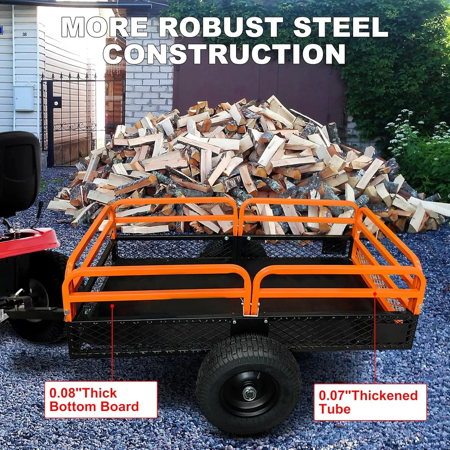 Heavy Duty Steel ATV Trailer,1600 Lbs Dump Cart, 15 Cubic Feet, Removable Sides, for Riding Lawn Mower Tractor(1600 lbs/Orange) - Image 7